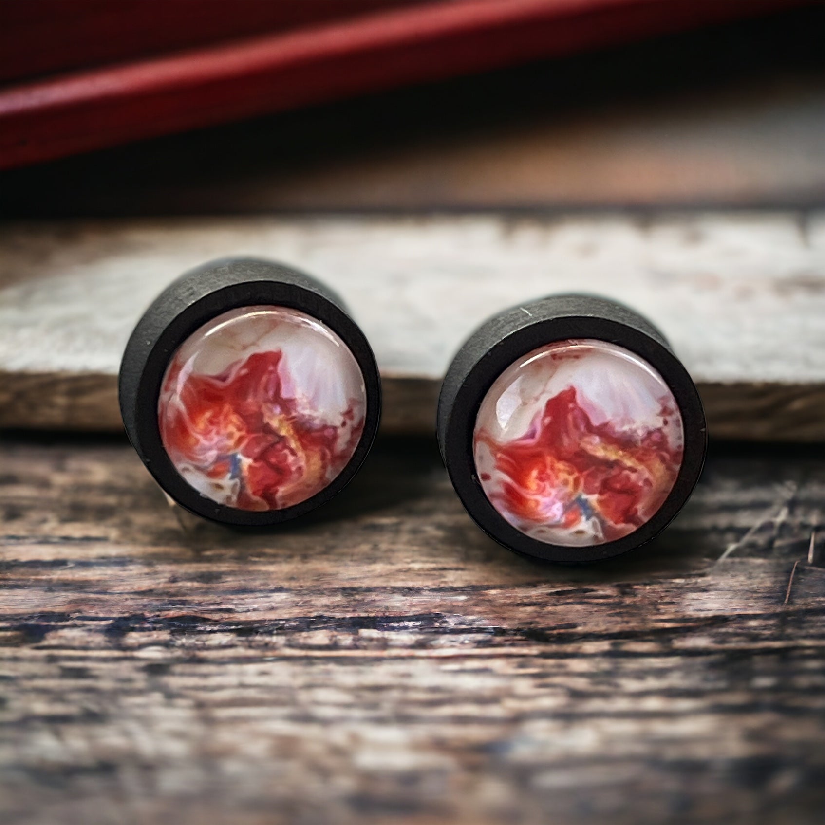 Pink Abstract Watercolor Black Wood Stud Earrings: Unique Artistic Accents for Your Look