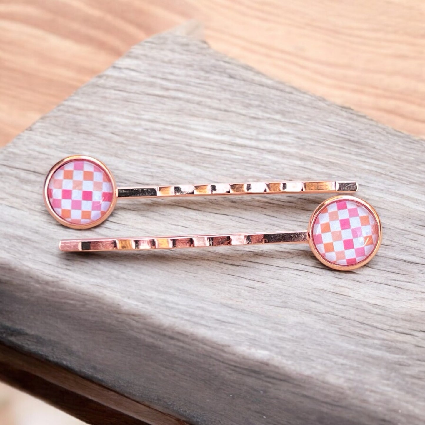 Pink & Orange Gingham Rose Gold Bobby Pins