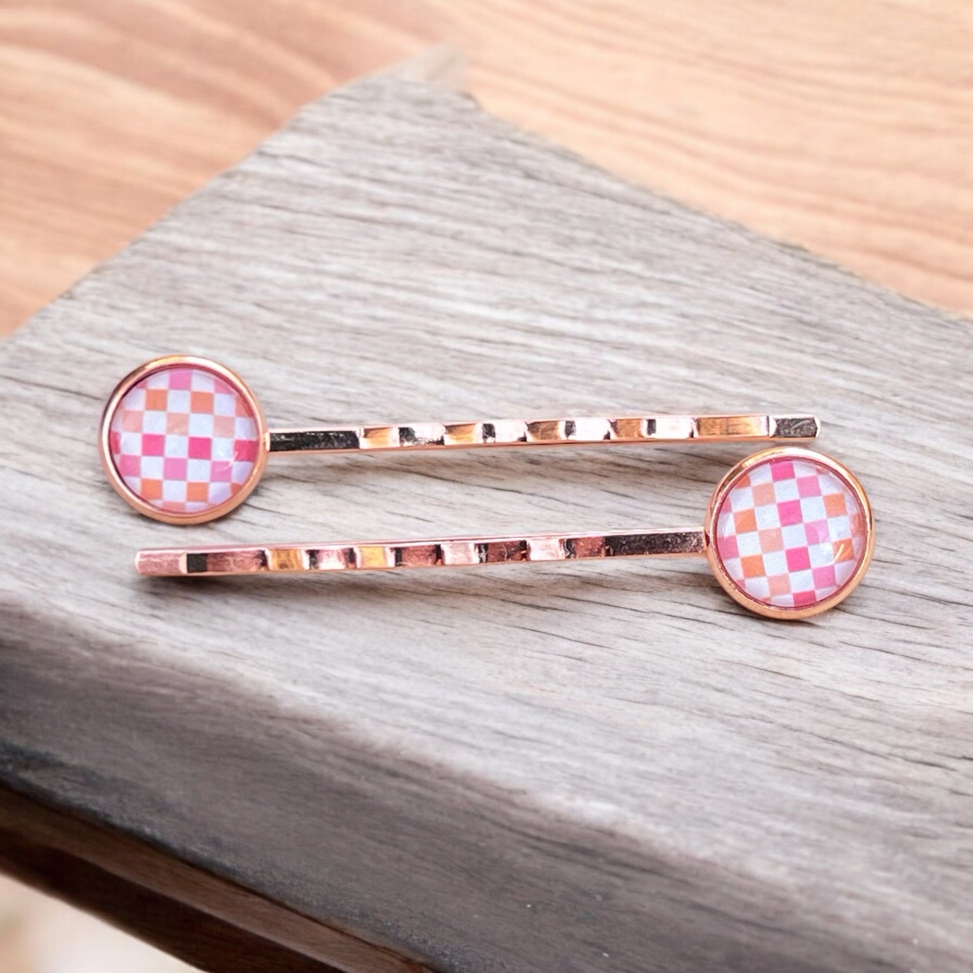 Pink & Orange Gingham Rose Gold Bobby Pins