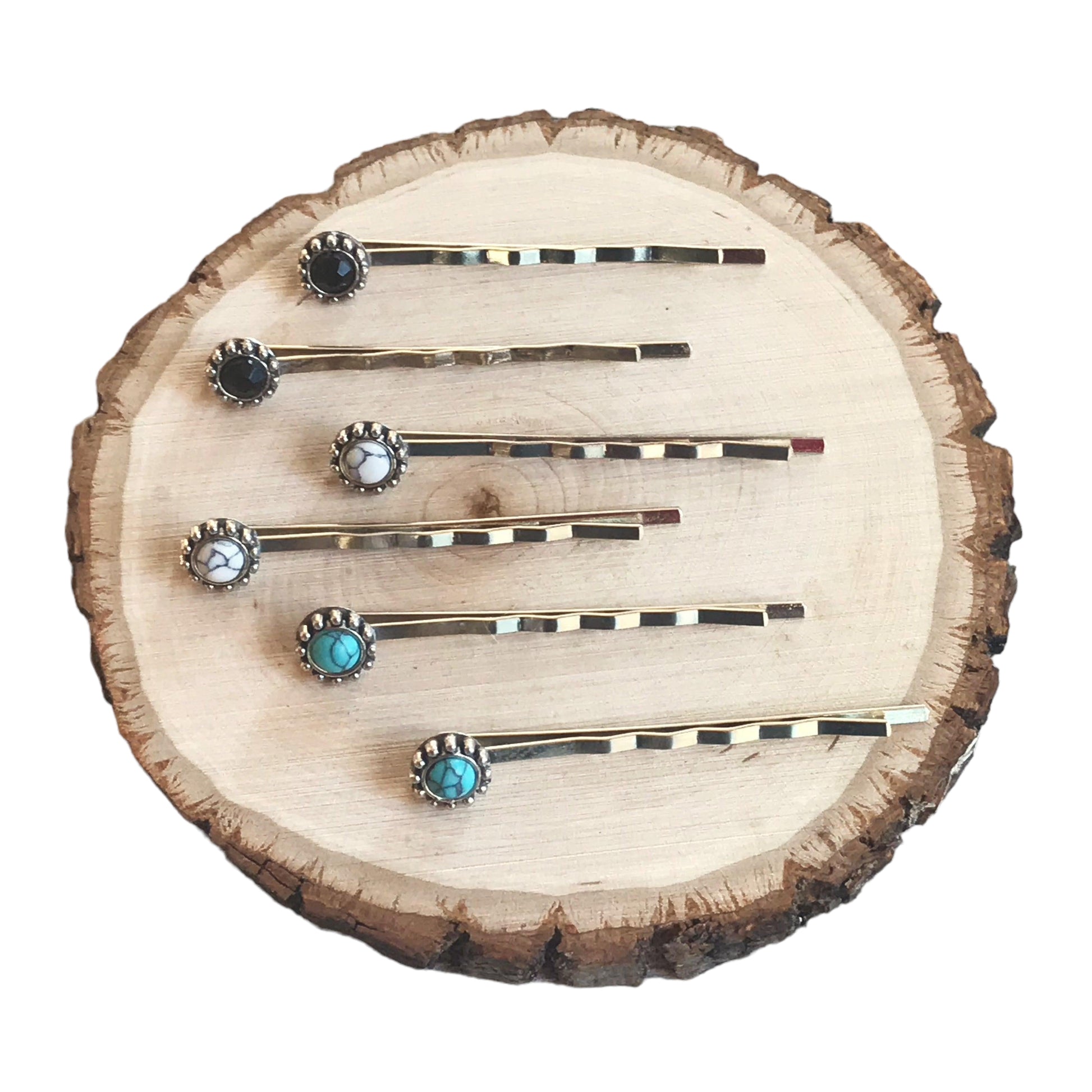 Black, White & Turquoise Stone Hair Pins - Set of 6 Western Cowgirl Bobby Pins, Women's Southwestern Boho Hair Accessories