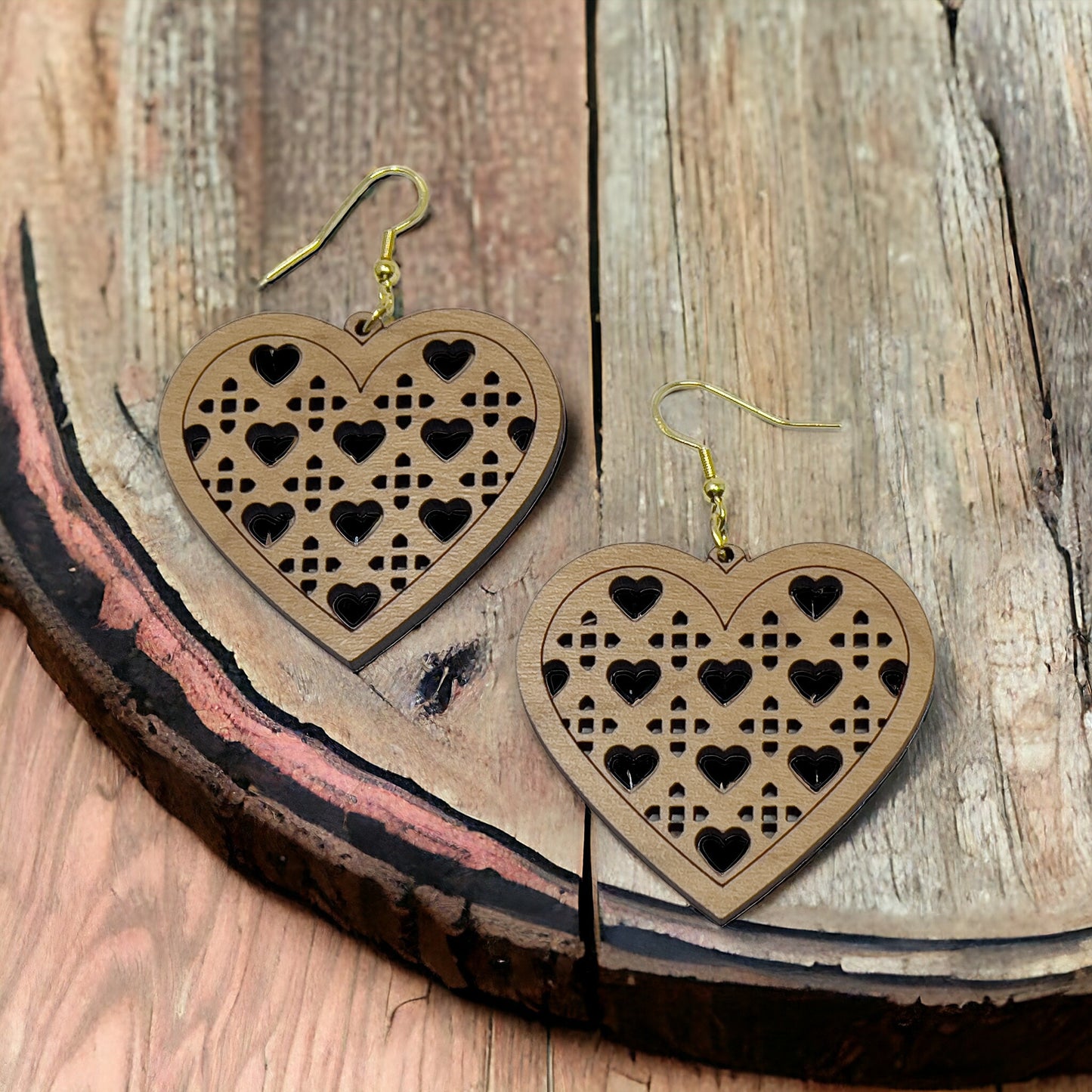 Wood Heart Earrings, Rustic Valentines Dangle Earrings, Cute Holiday Earrings, Wooden Lattice Cutout Earrings, Country Western Boho Jewelry