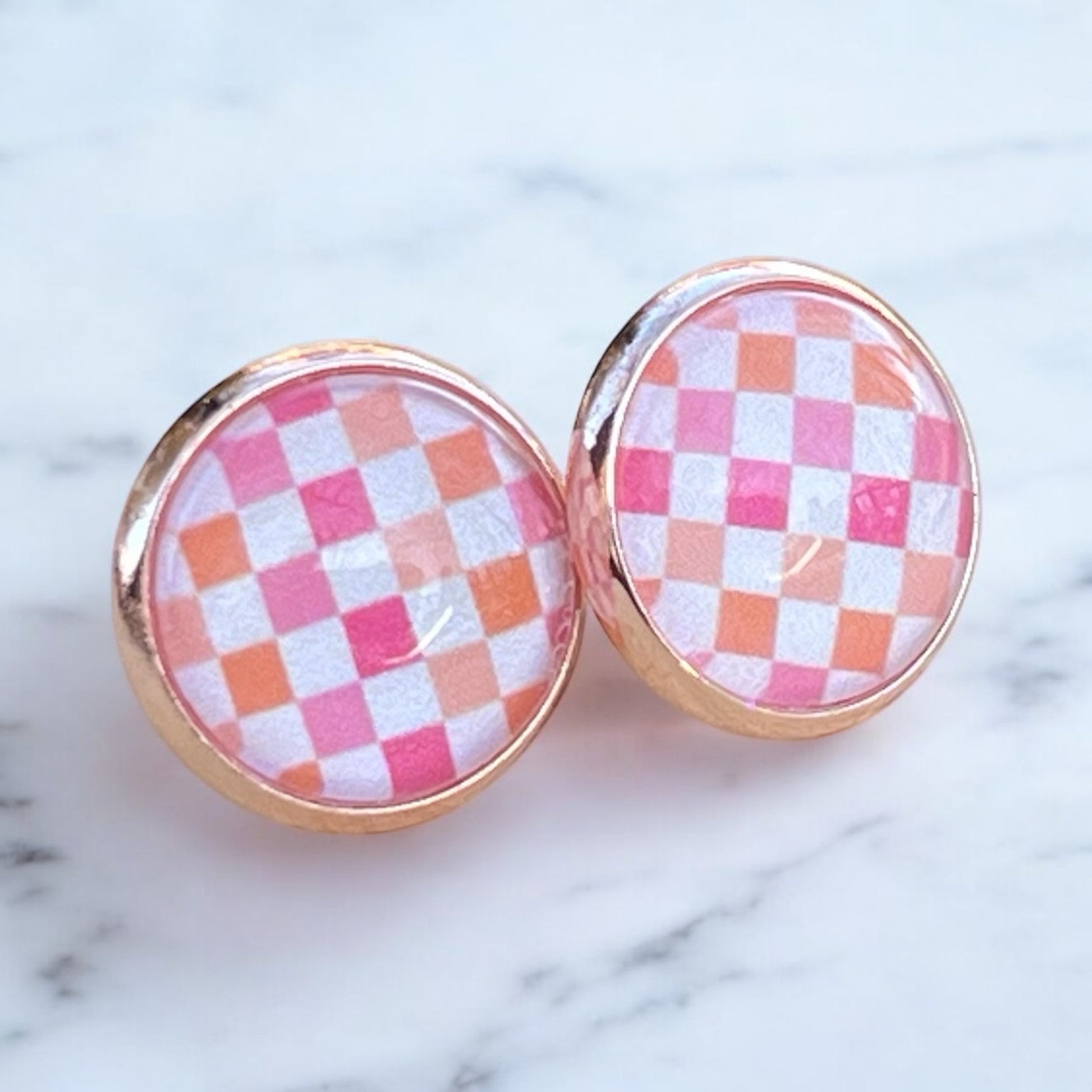 Pink & Orange Gingham Earrings - Rose Gold