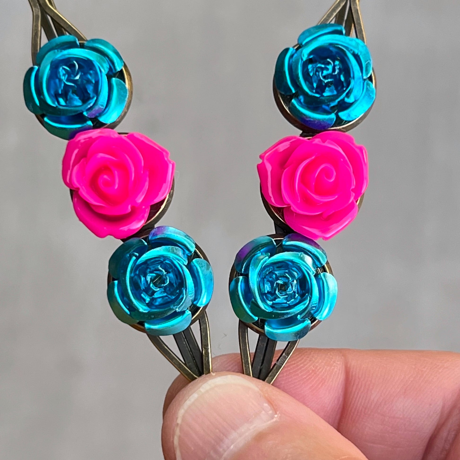 Blue & Pink Rose Floral Hair Pins - Delicate & Romantic Hair Accessories