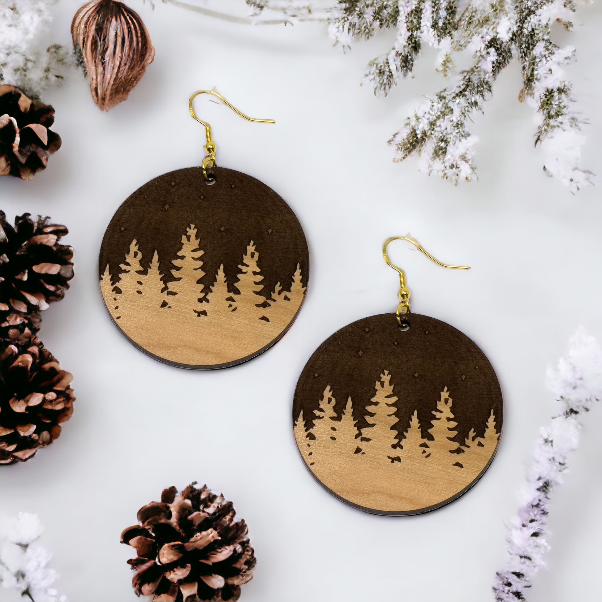 Pine Trees Mountain Earrings, Cute Holiday Christmas Dangle Earrings, Round Wood Earrings, Country Xmas Jewelry, Snowy Forest Nature Gifts