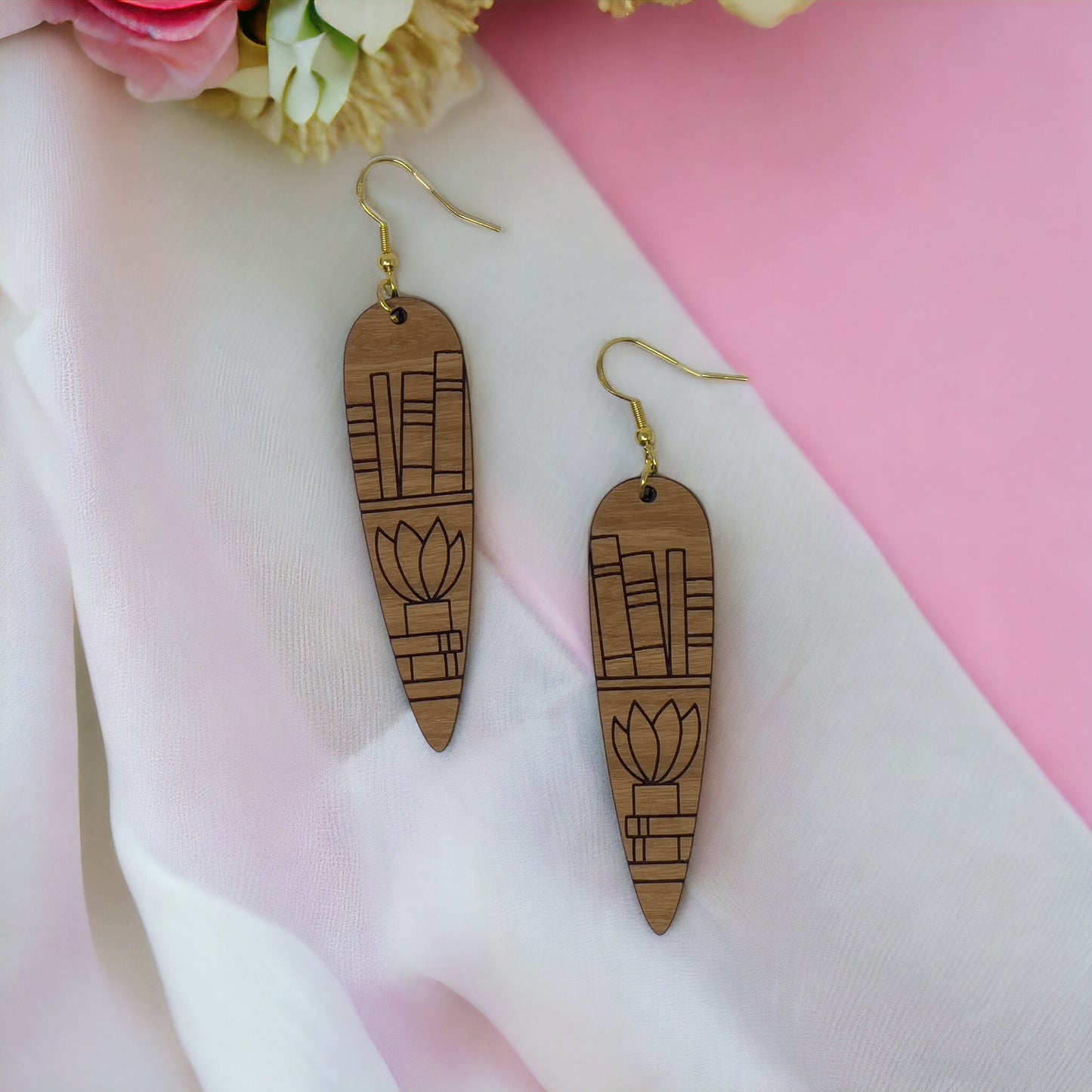 Bookshelf Wood Dangle Earrings - Cute Book Lover Gift | Boho Women's Miniature Bookcase Jewelry