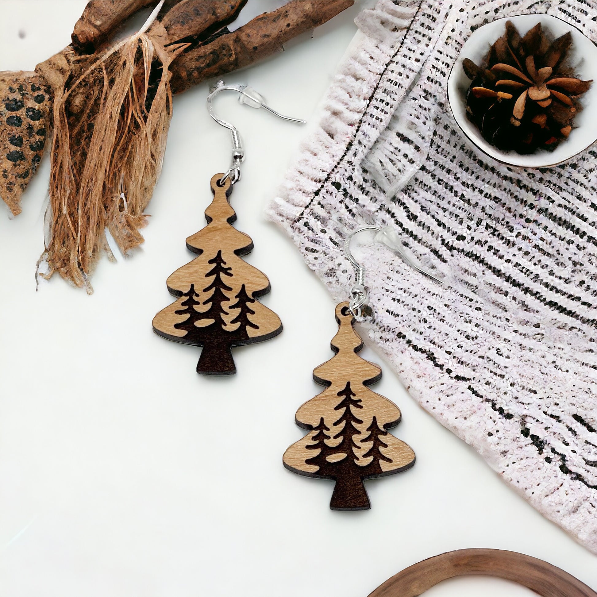 Tree Earrings - Rustic Wood Dangle Earrings with a Whimsical Boho Touch, Cute Winter Holiday Accessories | Nature-Inspired Jewelry