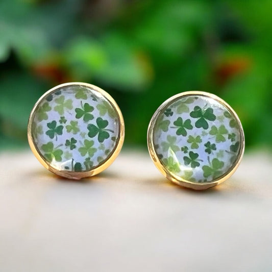 Gold Stud Earrings: Lucky Shamrock Clover Design for St. Patrick's Day Charm