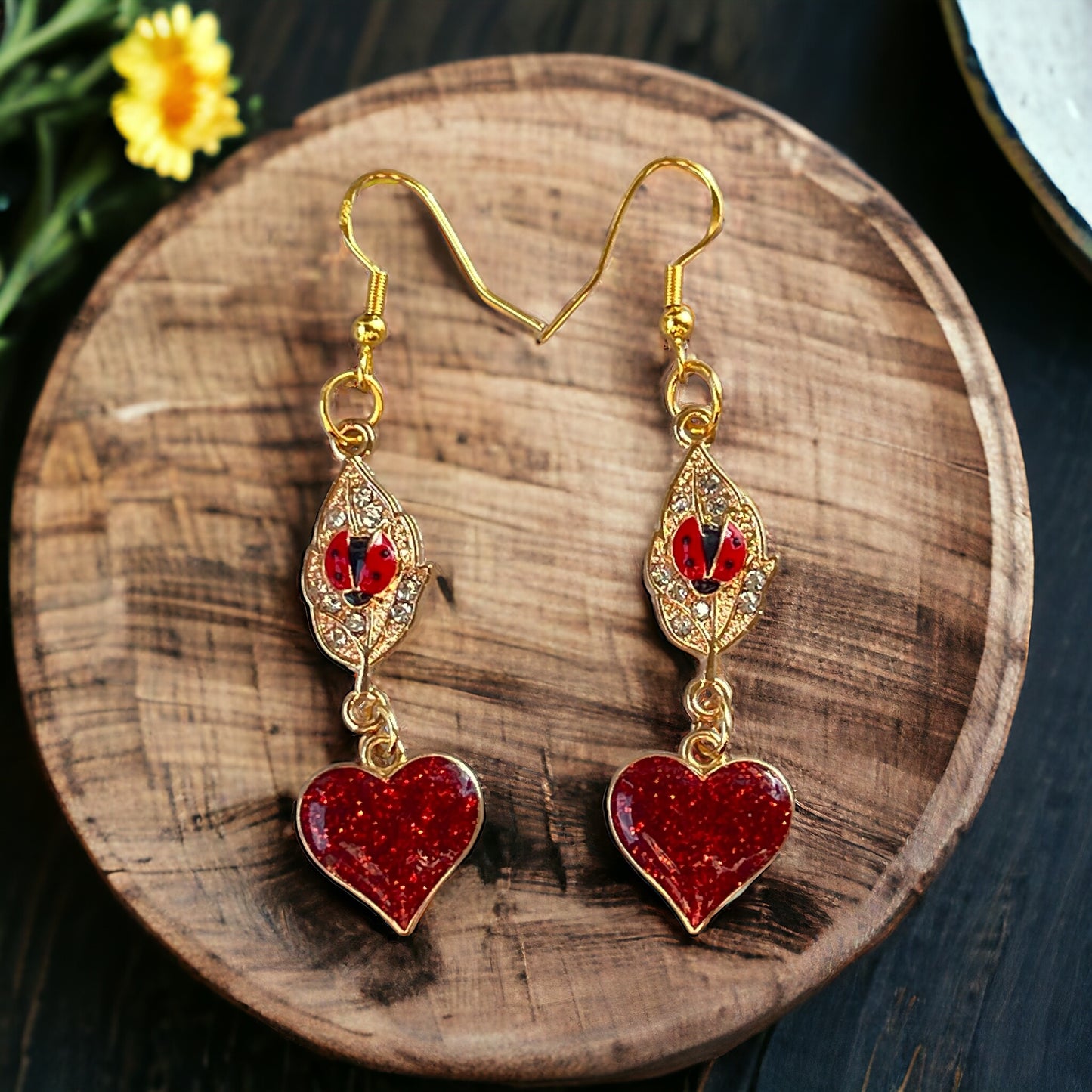 Gold Leaf with Ladybug & Red Heart Dangle Earrings: Whimsical Nature-inspired Jewelry