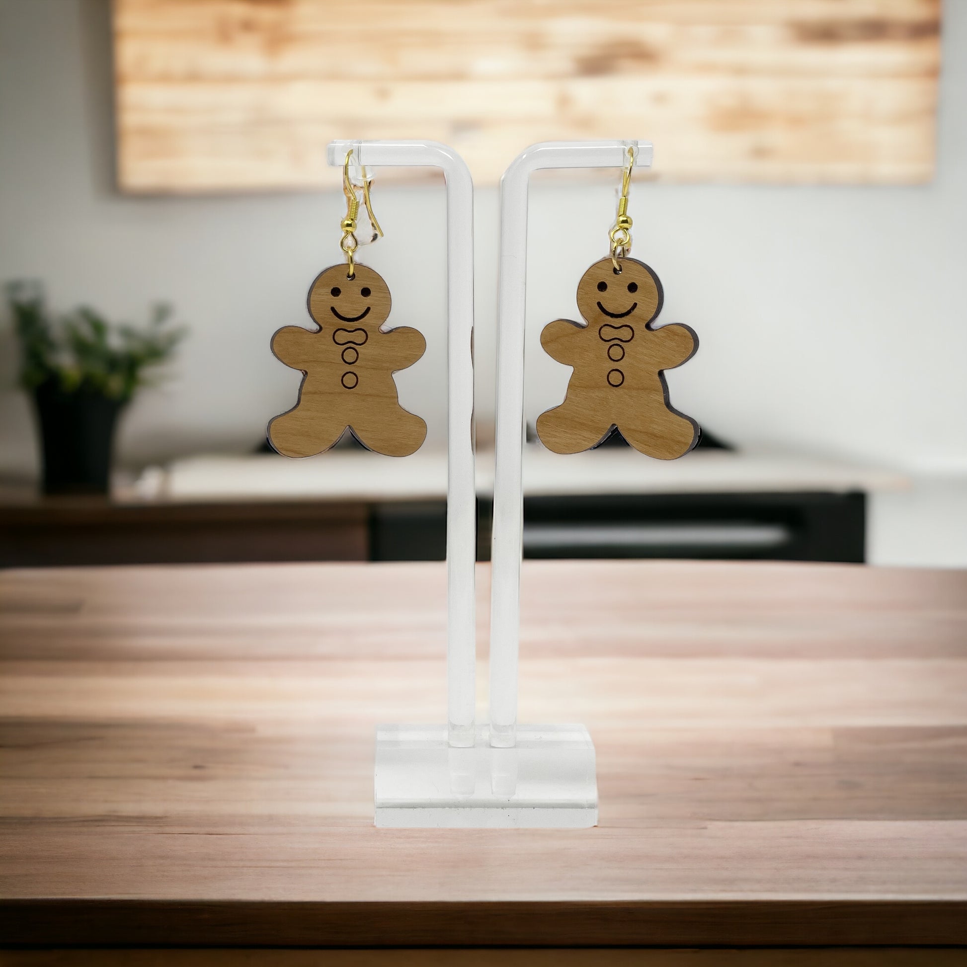 Gingerbread Man Earrings, Rustic Dangle Earring, Funny Wood Earring, Cute Winter Holiday Wooden Womens Earring, Country Western Xmas Jewelry