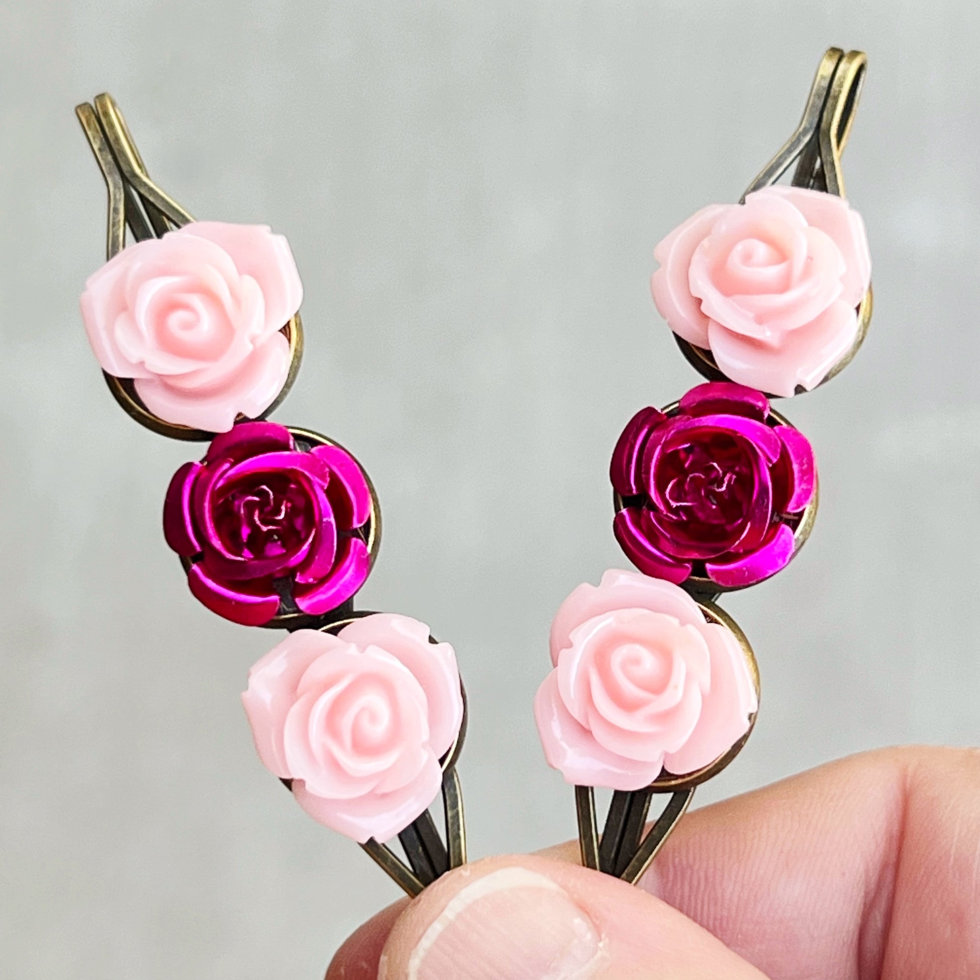 Pink Rose Flower Hair Pins