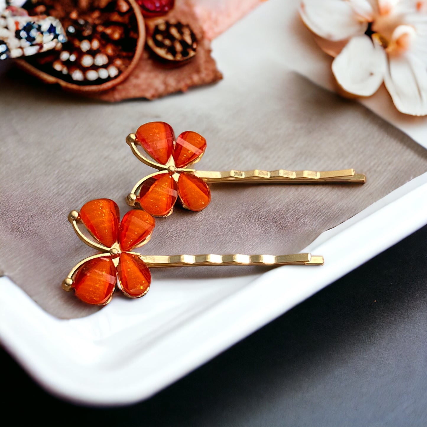 Orange Rhinestone Butterfly Hair Pins - Elegant & Vibrant Hair Accessories