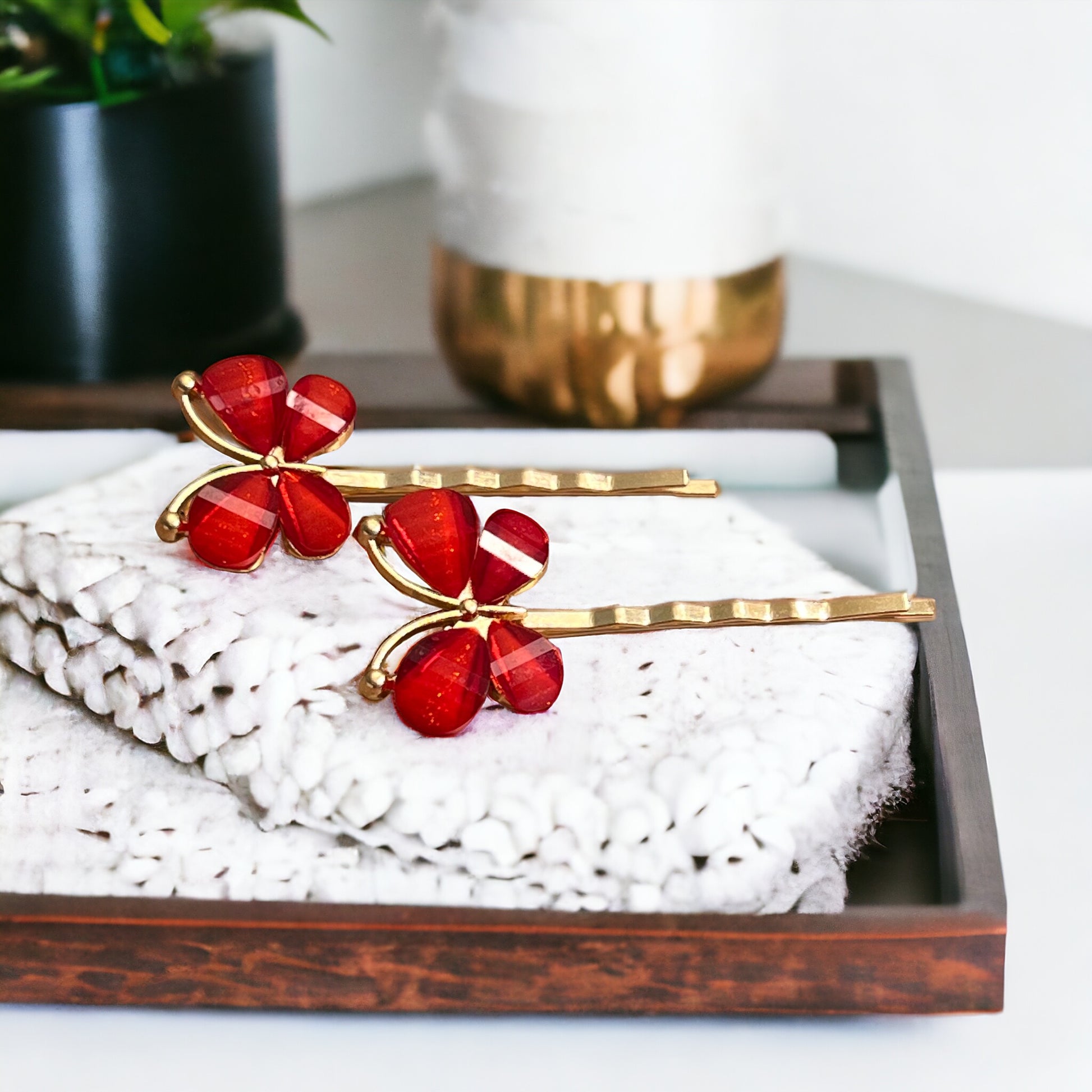 Red Rhinestone Butterfly Hair Pins - Elegant & Vibrant Hair Accessories