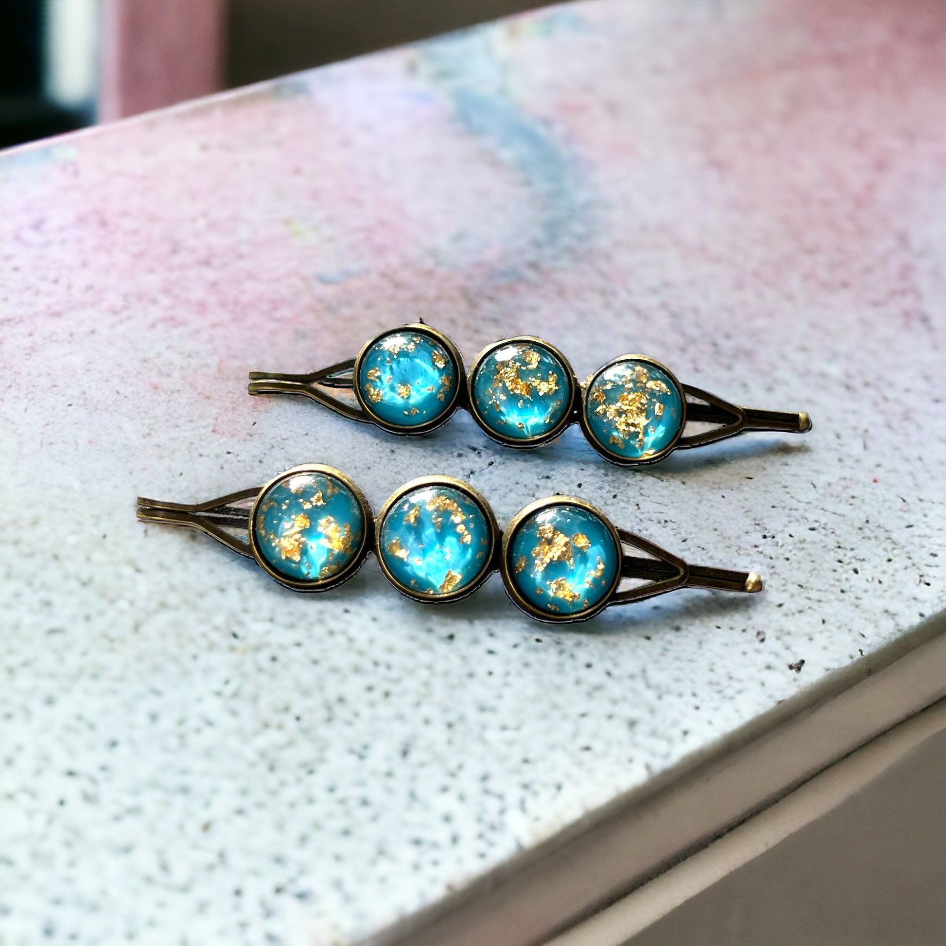 Turquoise Blue Gold Flake Glitter Hair Pins: Sparkling Accessories for Glamorous Styles