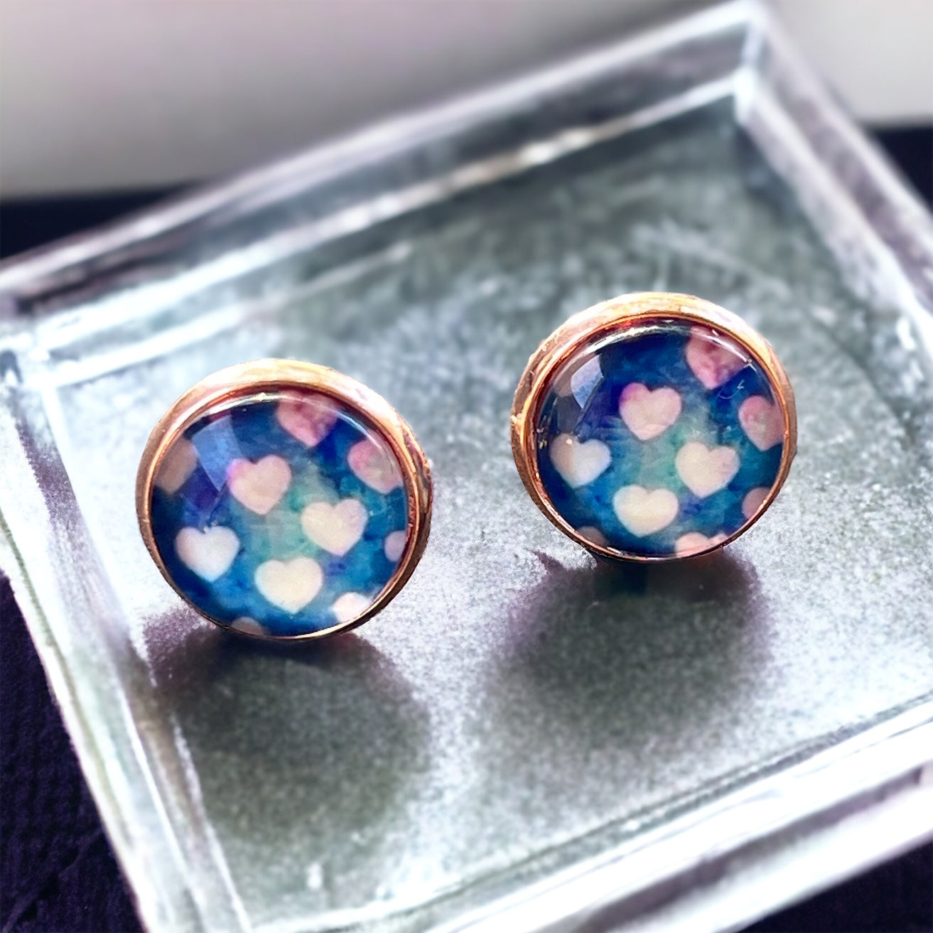 Pink Heart Blue & Rose Gold Earring Studs - Elegant and Charming Accessories