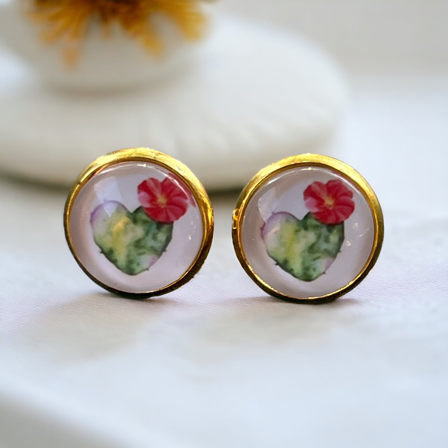 Flowering Cactus Heart Valentine Succulent Gold Stud Earrings