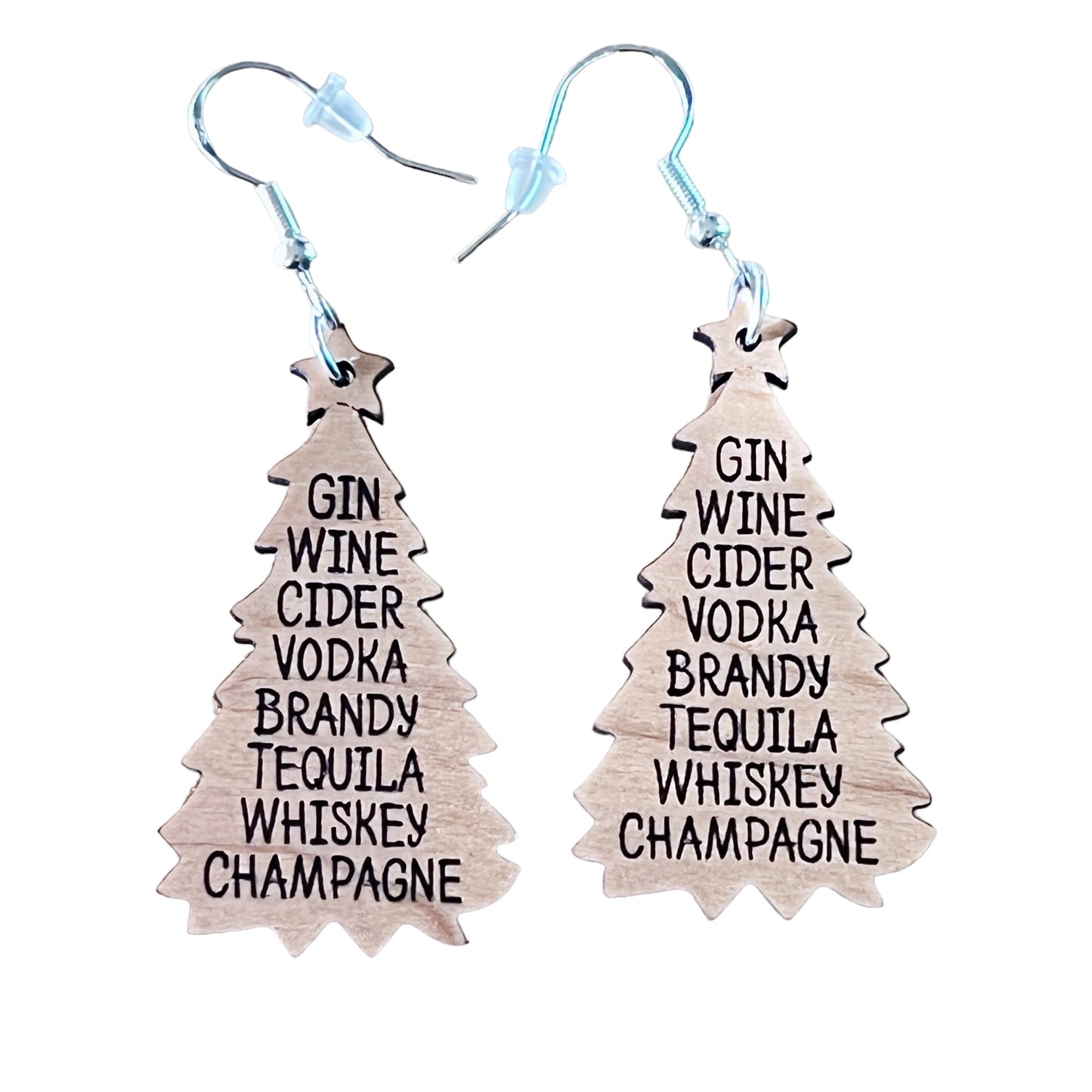 Funny Boozy Christmas Earrings, Christmas Tree Dangle Earring, Cute Fun Holiday Earring, Wood Tree Earring, Country Xmas Booze Wine Jewelry