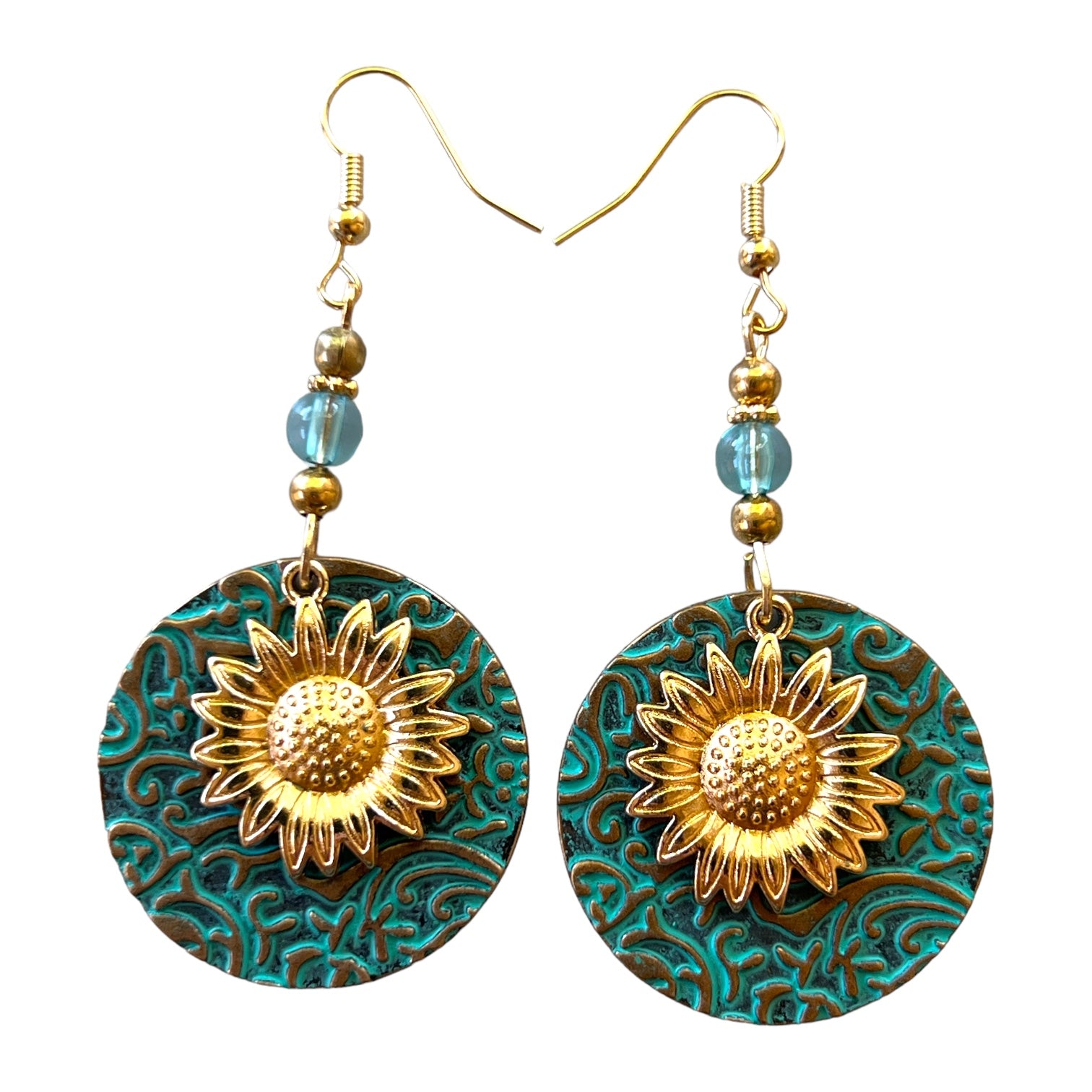 Round Patina Metal Earrings with Gold Sunflower: Unique Dangle Accessories