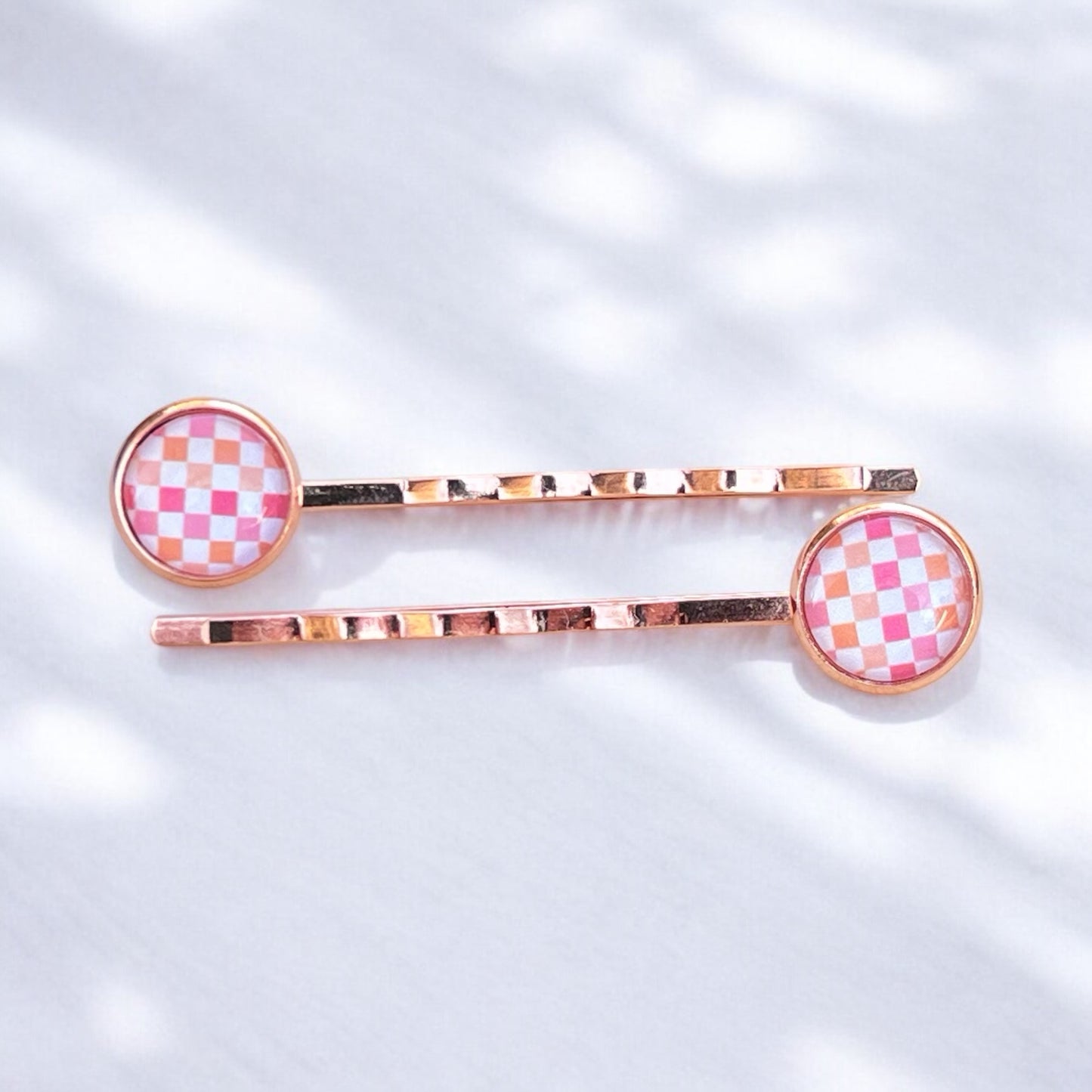 Pink & Orange Gingham Rose Gold Bobby Pins