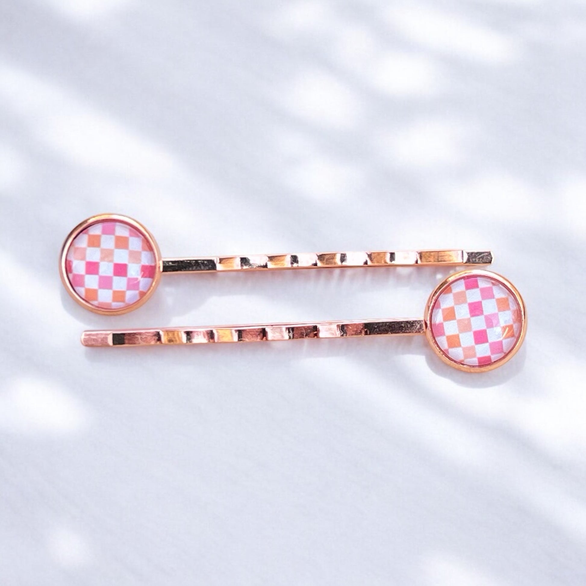 Pink & Orange Gingham Rose Gold Bobby Pins