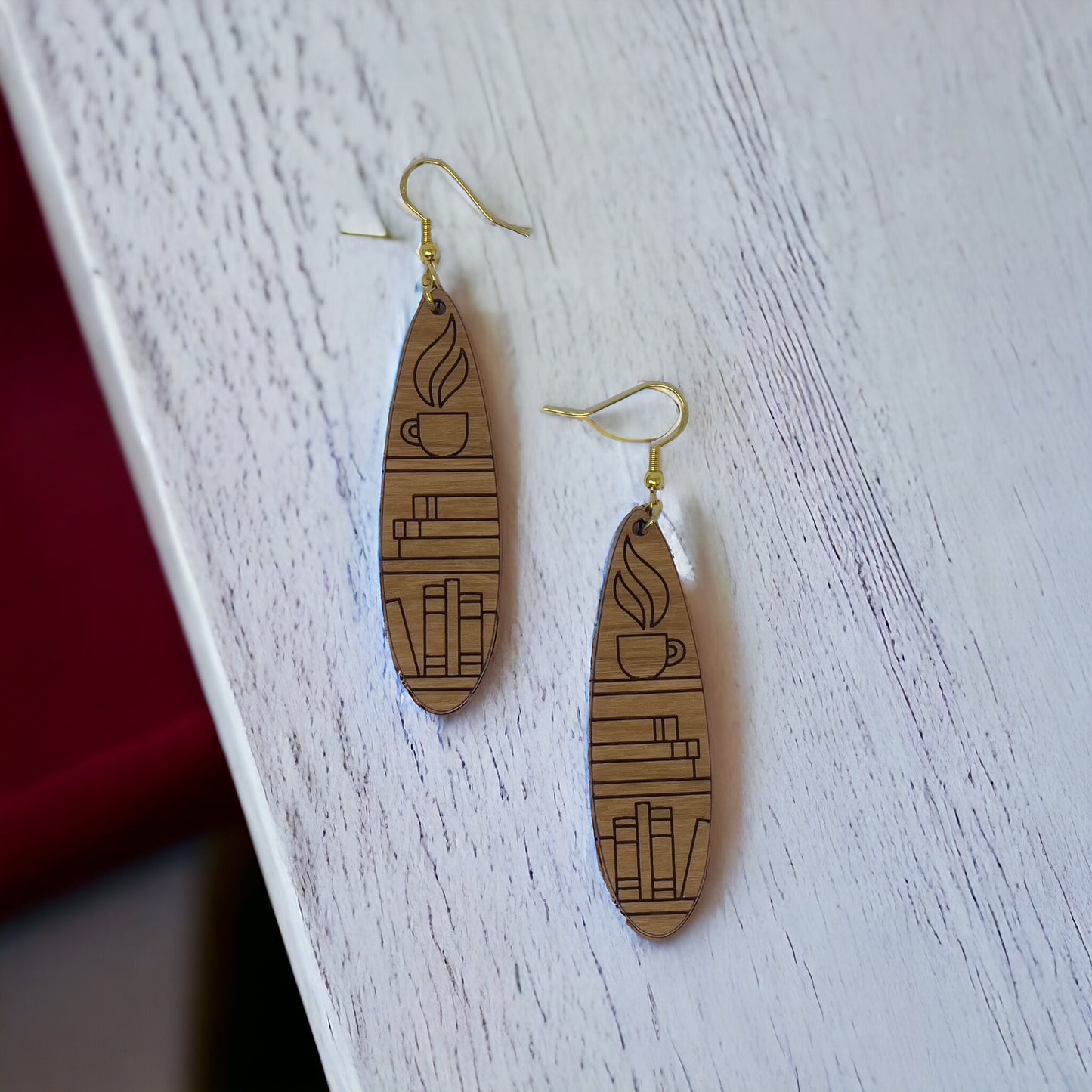 Bookshelf Wood Dangle Earrings - Cute Book Lover Gift | Boho Women's Miniature Bookcase Jewelry