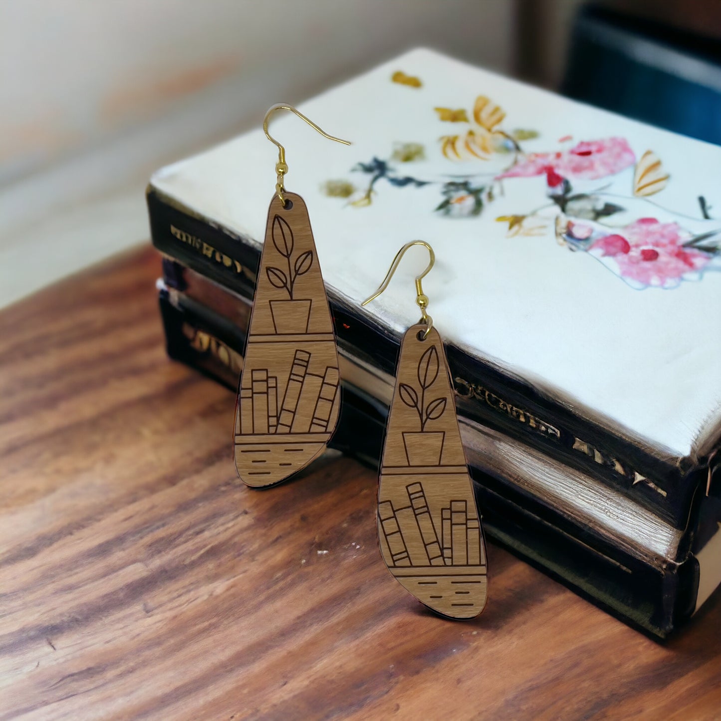 Bookshelf Wood Dangle Earrings - Cute Book Lover Gift | Boho Women's Miniature Bookcase Jewelry