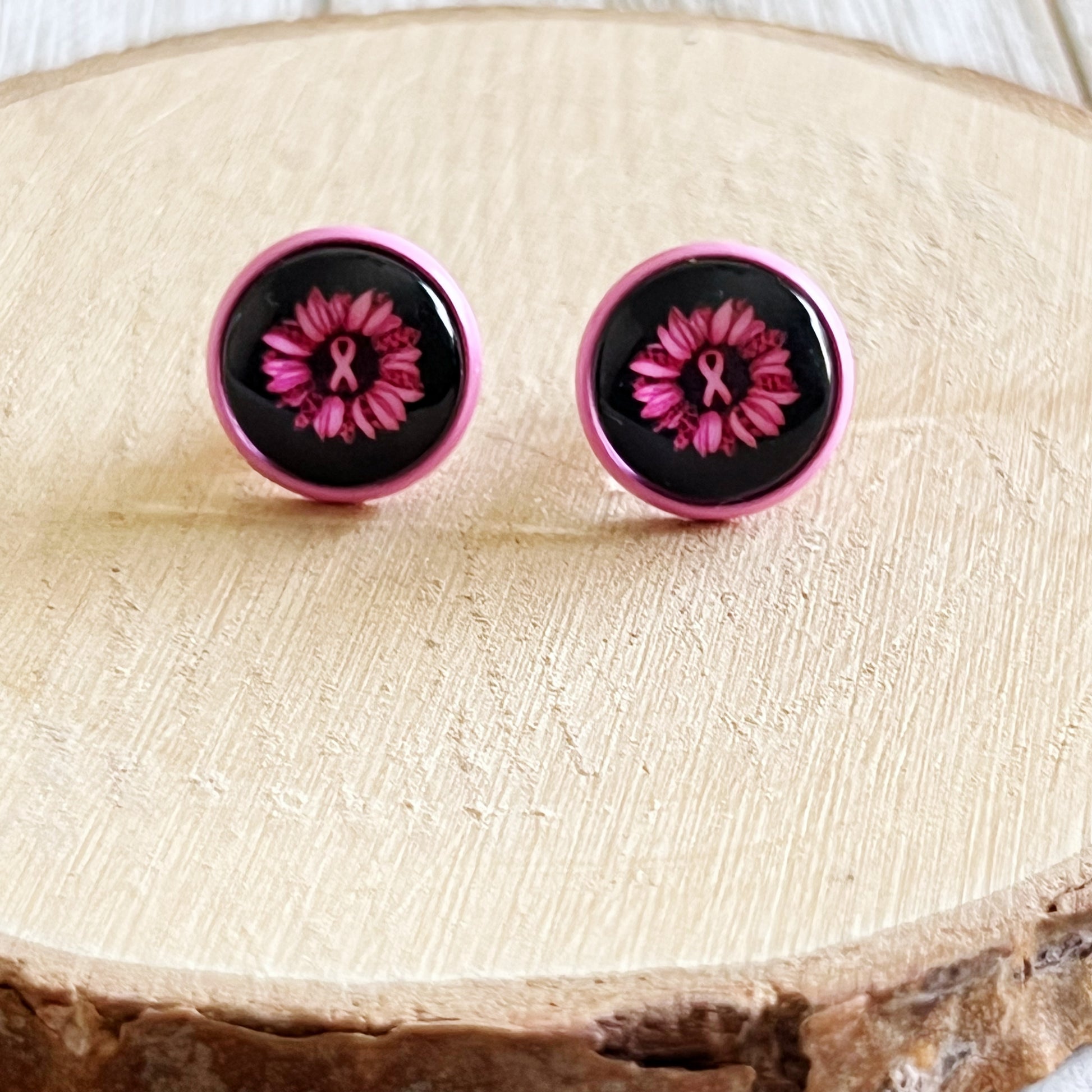 Breast Cancer Awareness Pink Sunflower Stud Earrings - Stylish and Supportive Accessories