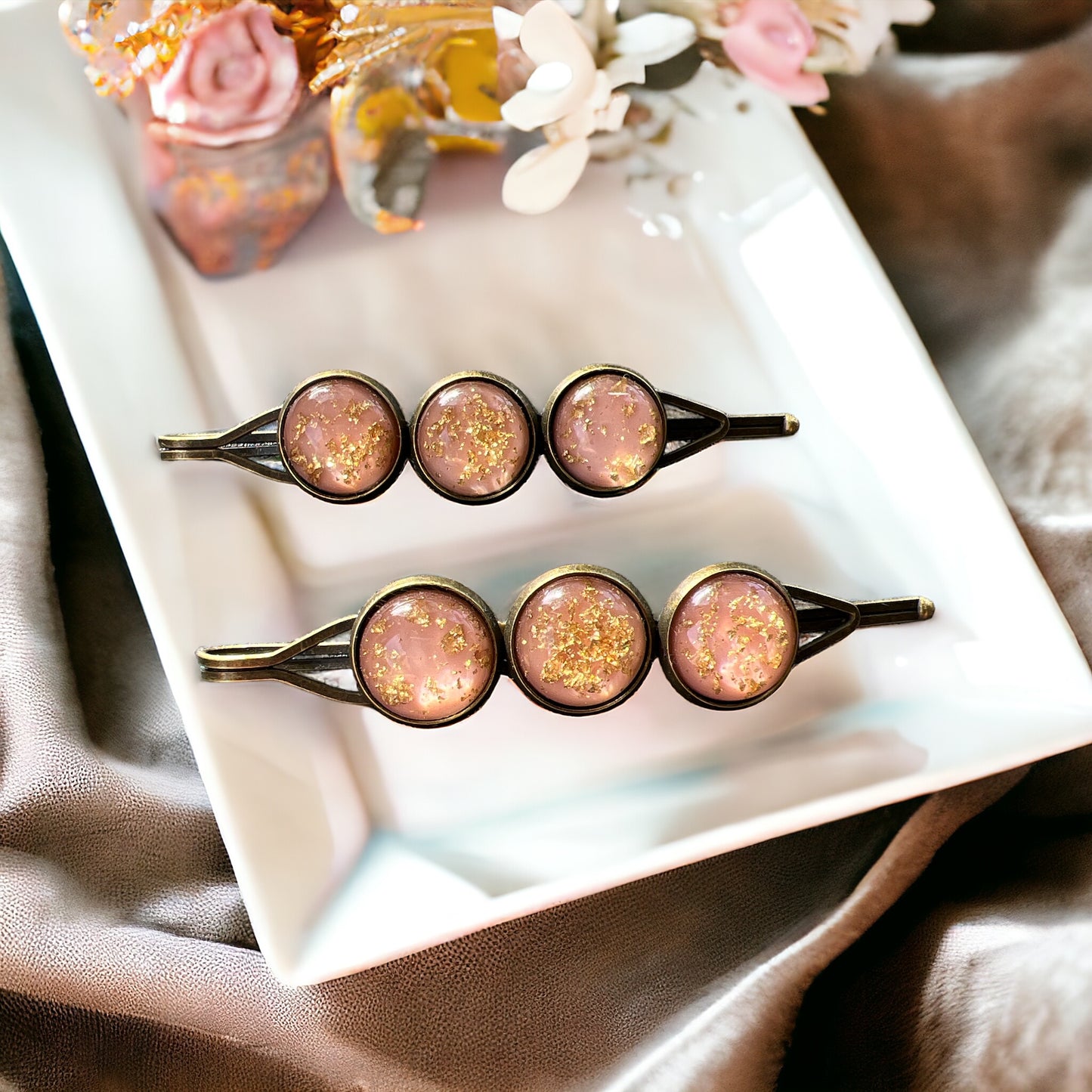 Peach Gold Flake Glitter Hair Pins - Sparkling & Elegant Accessories