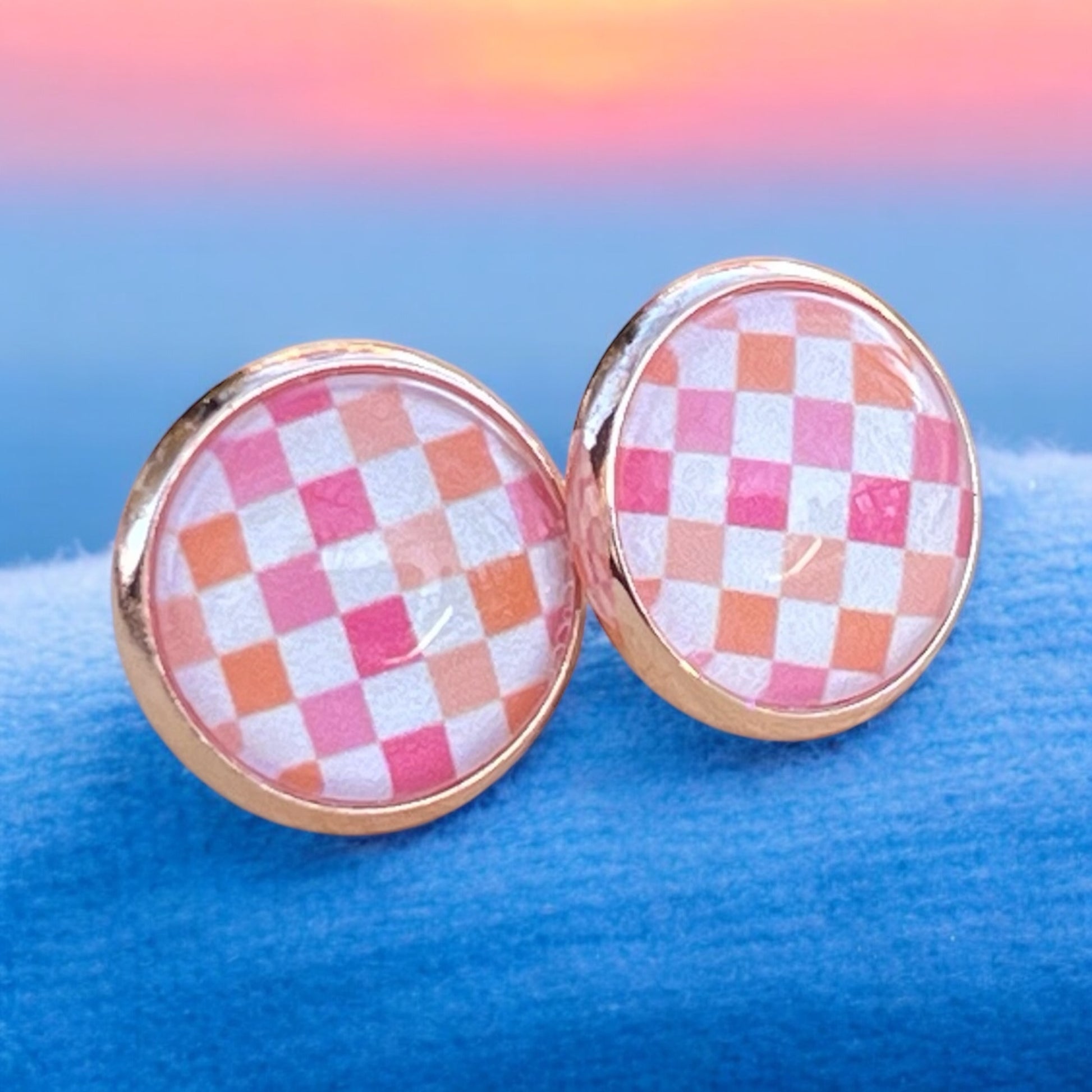 Pink & Orange Gingham Earrings - Rose Gold