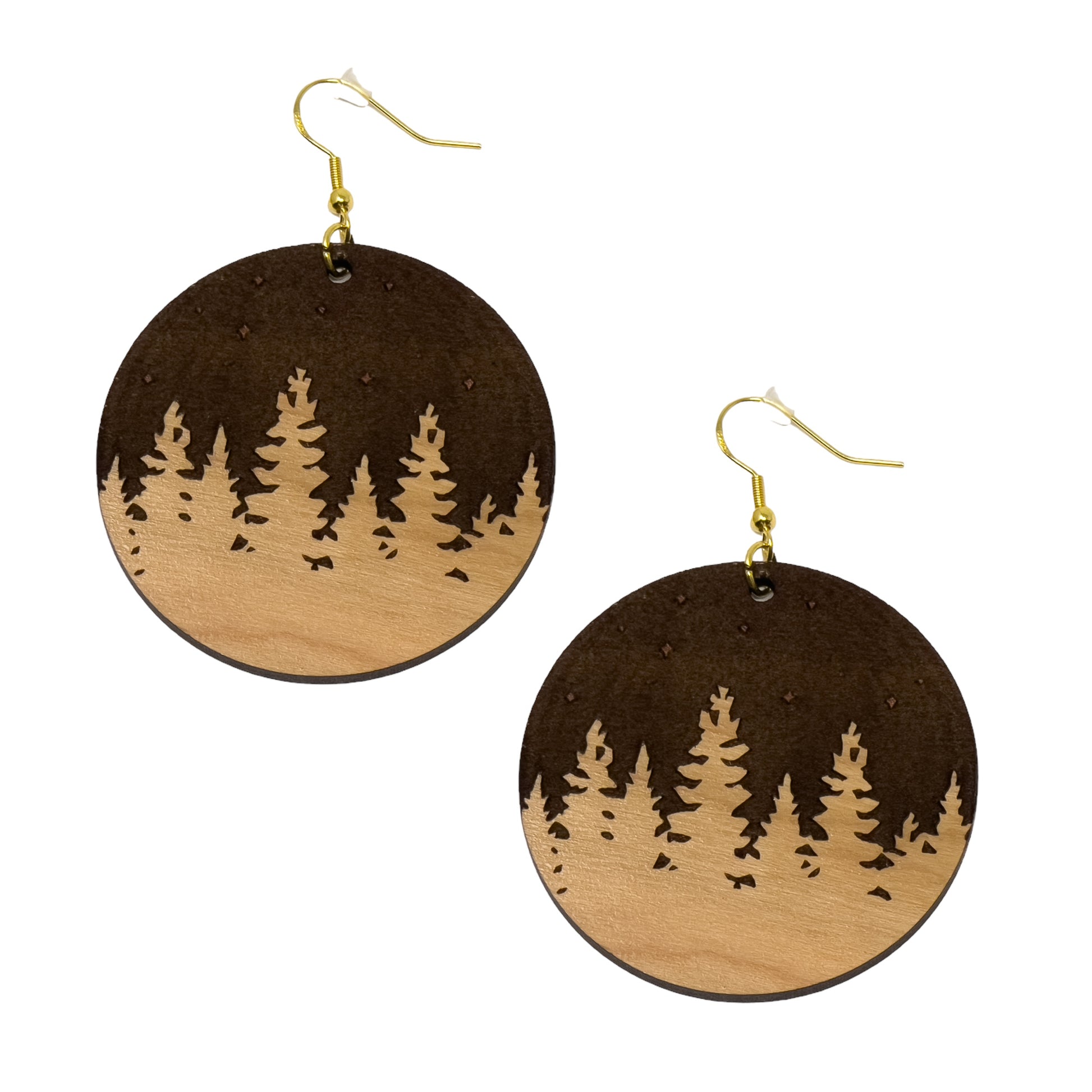 Pine Trees Mountain Earrings, Cute Holiday Christmas Dangle Earrings, Round Wood Earrings, Country Xmas Jewelry, Snowy Forest Nature Gifts