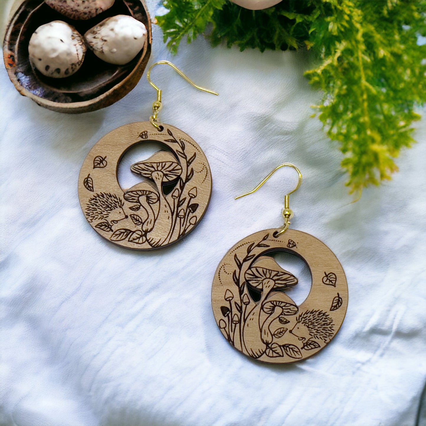 Mushroom Earrings, Rustic Dangle Earrings, Boho Animal Earring, Cute Hedgehog Earring, Wildlife Wood Earring, Country Western Hippie Jewelry