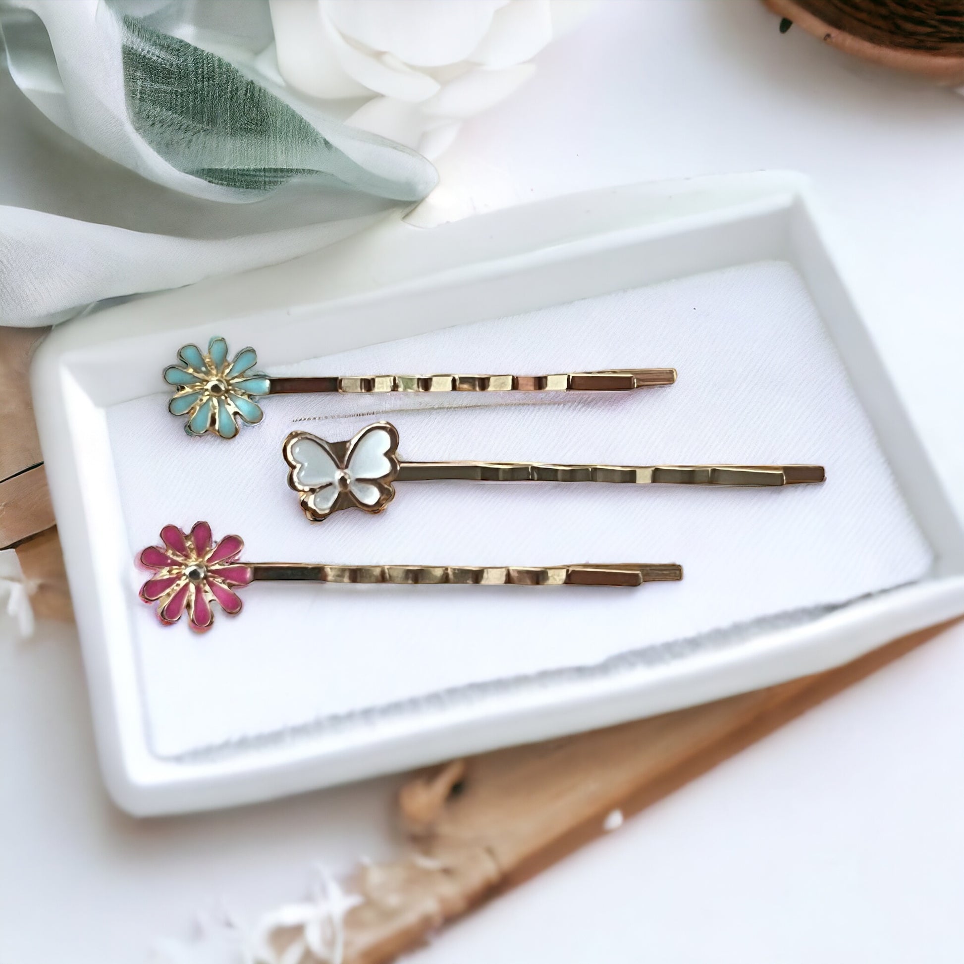 White Butterfly & Flower Hair Pin Set - Set of 3 Adorable Accessories for Hair Styling