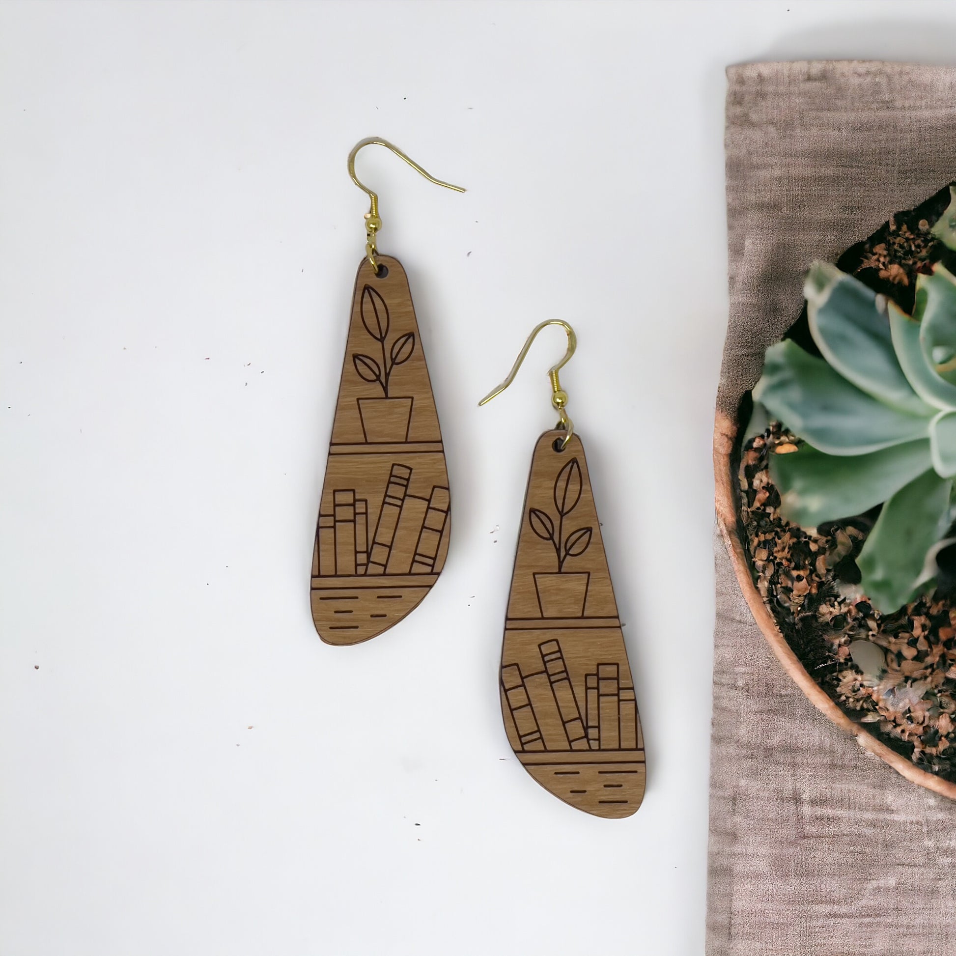 Bookshelf Wood Dangle Earrings - Cute Book Lover Gift | Boho Women's Miniature Bookcase Jewelry