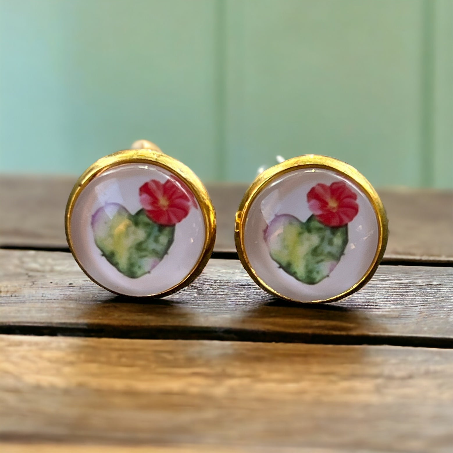 Flowering Cactus Heart Valentine Succulent Gold Stud Earrings