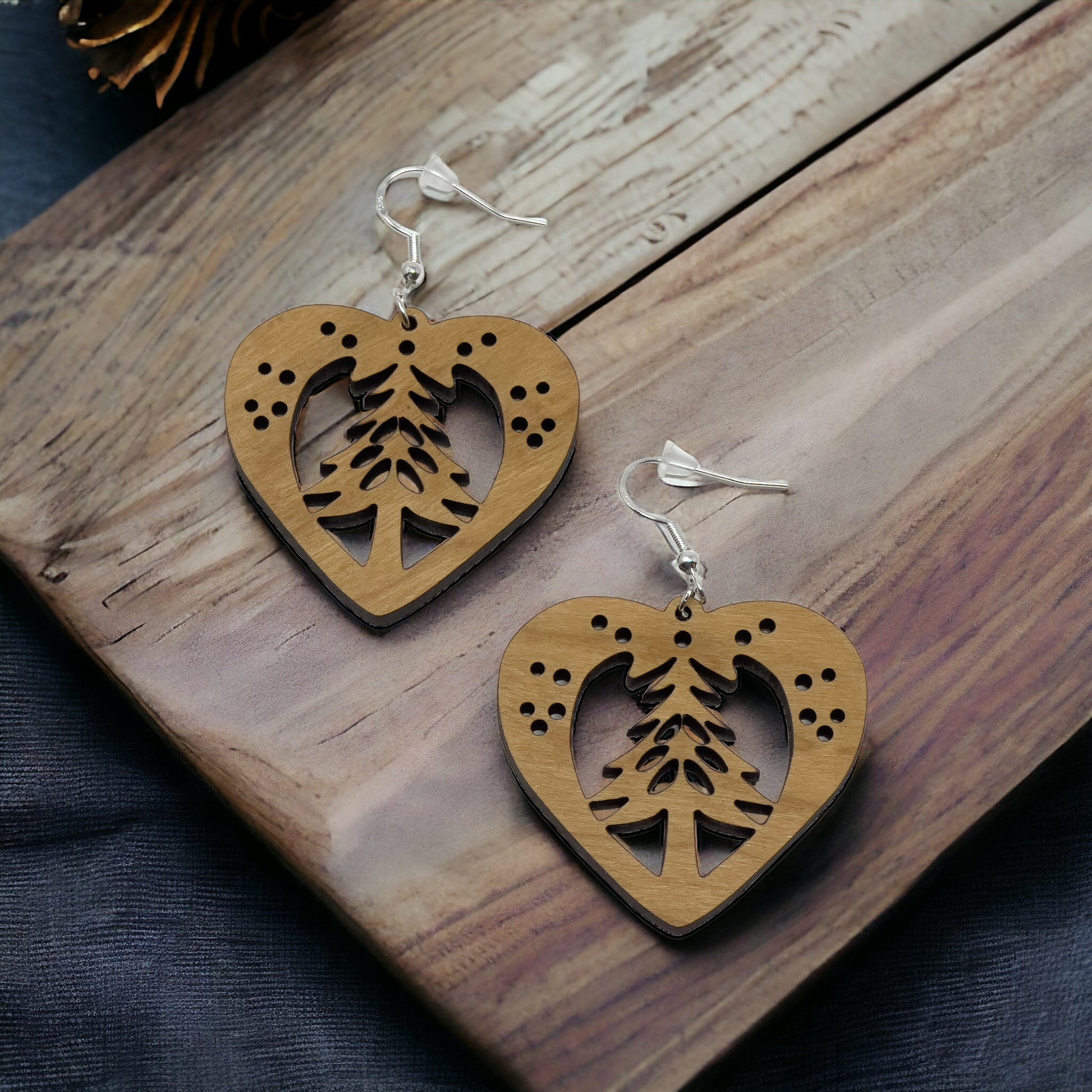 Wooden Heart - Rustic Dangle Earring with Pine Tree Design, Cute Winter Holiday Accessory, Nature-Inspired Jewelry