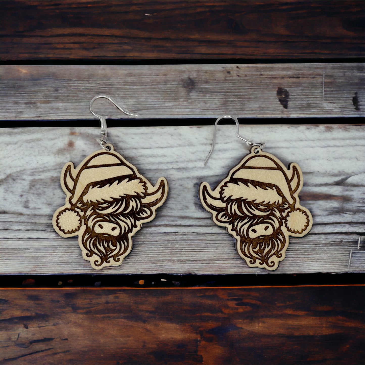 Highland Cow Wood Dangle Earrings - Rustic & Charming Accessories