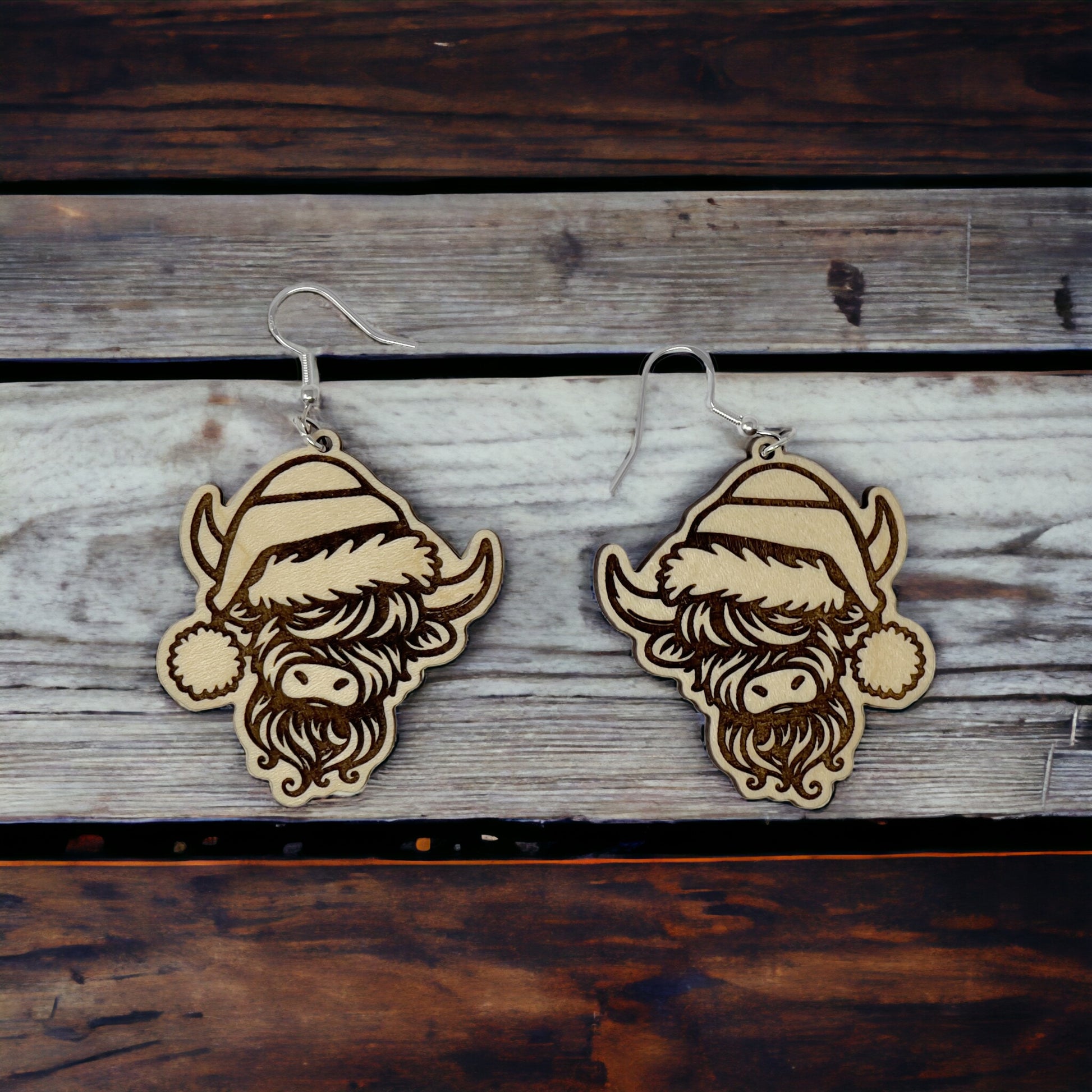 Highland Cow Wood Dangle Earrings - Rustic & Charming Accessories