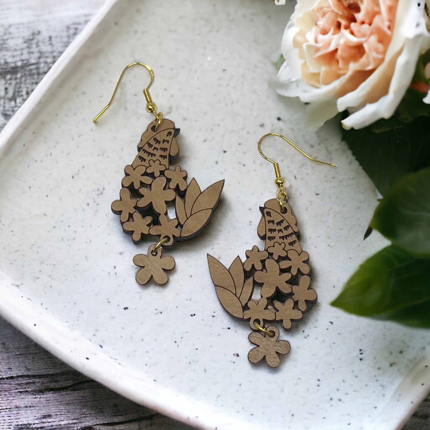 Chic Chick & Floral Wood Earrings: Handmade Rustic Jewelry for Nature Lovers