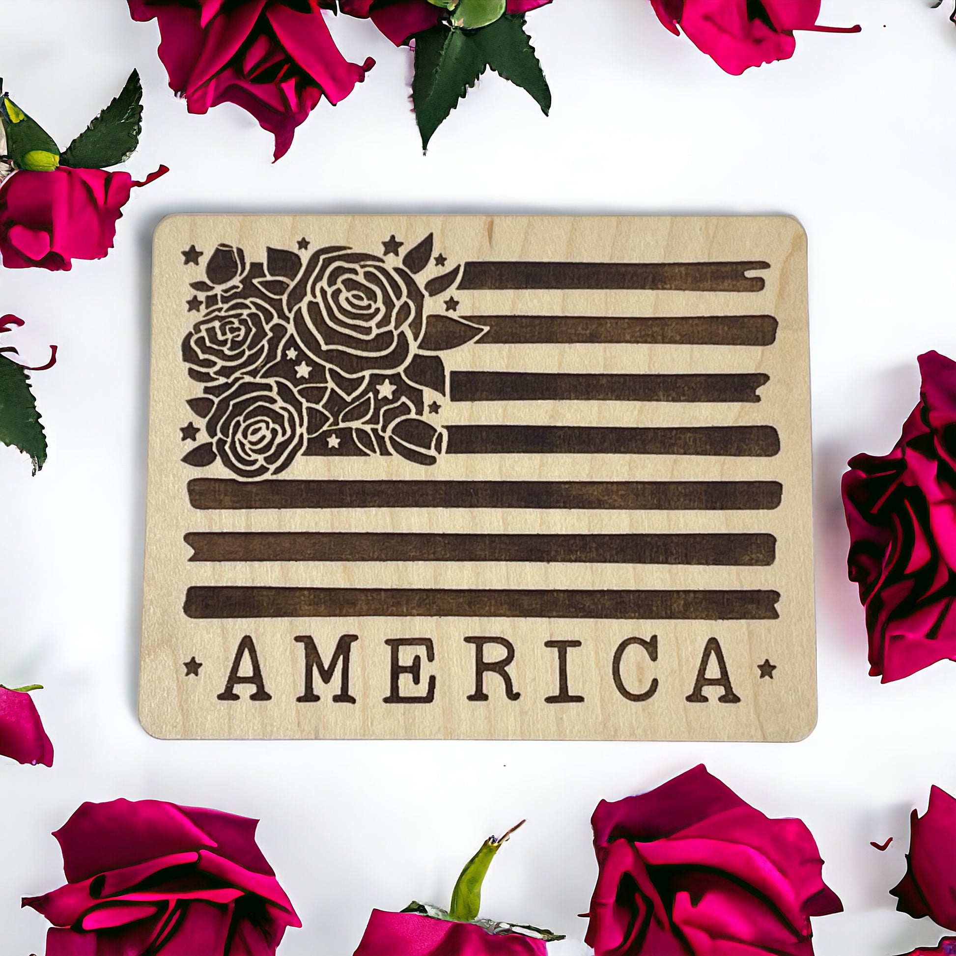 USA Flag Magnet for Home Work School Office, Patriotic Decor Gift, Floral United States Flag Paintable Magnet, Boho Flower Wood Decoration