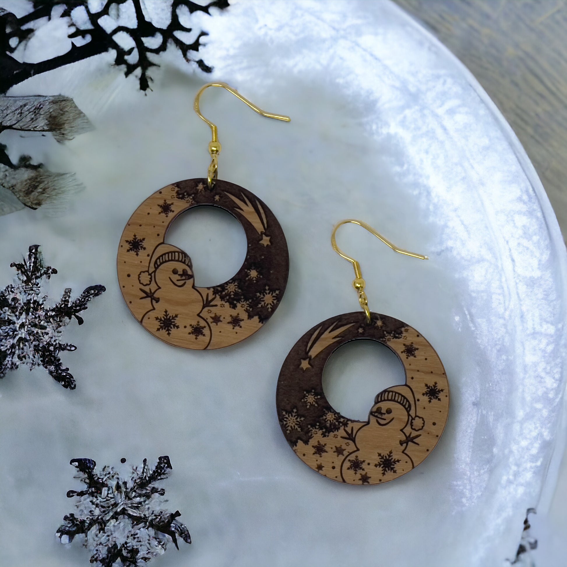 Snowman Earrings, Christmas Dangle Earrings, Fun Earrings, Cute Winter Holiday Earrings, Rustic Wood Earring, Country Xmas Jewelry