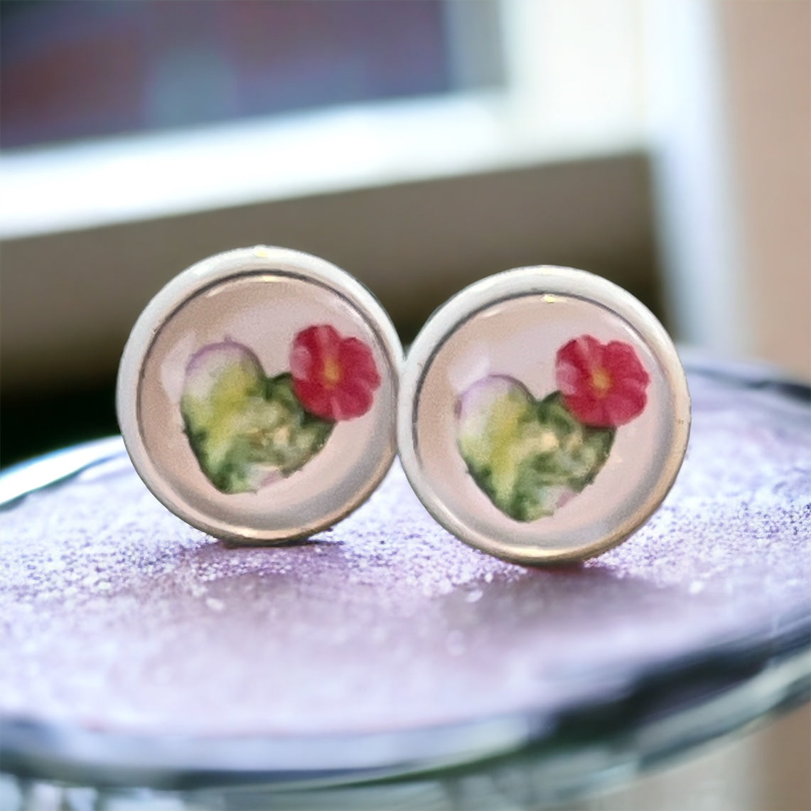 Flowering Cactus Heart Valentine Succulent White Stud Earrings