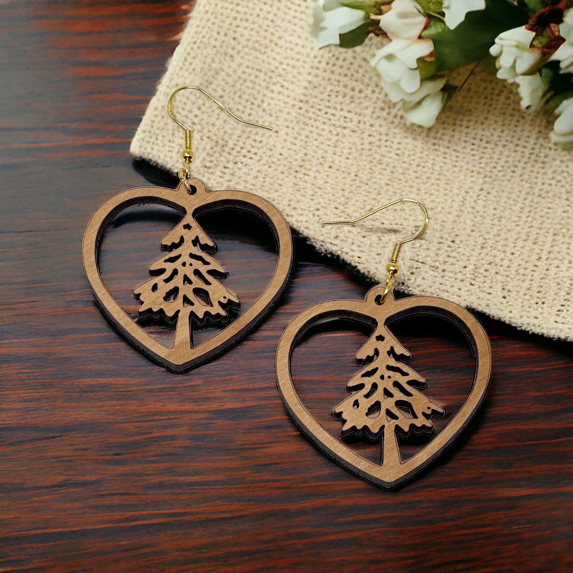 Wooden Heart - Rustic Dangle Earring with Pine Tree Design, Cute Winter Holiday Accessory, Nature-Inspired Jewelry