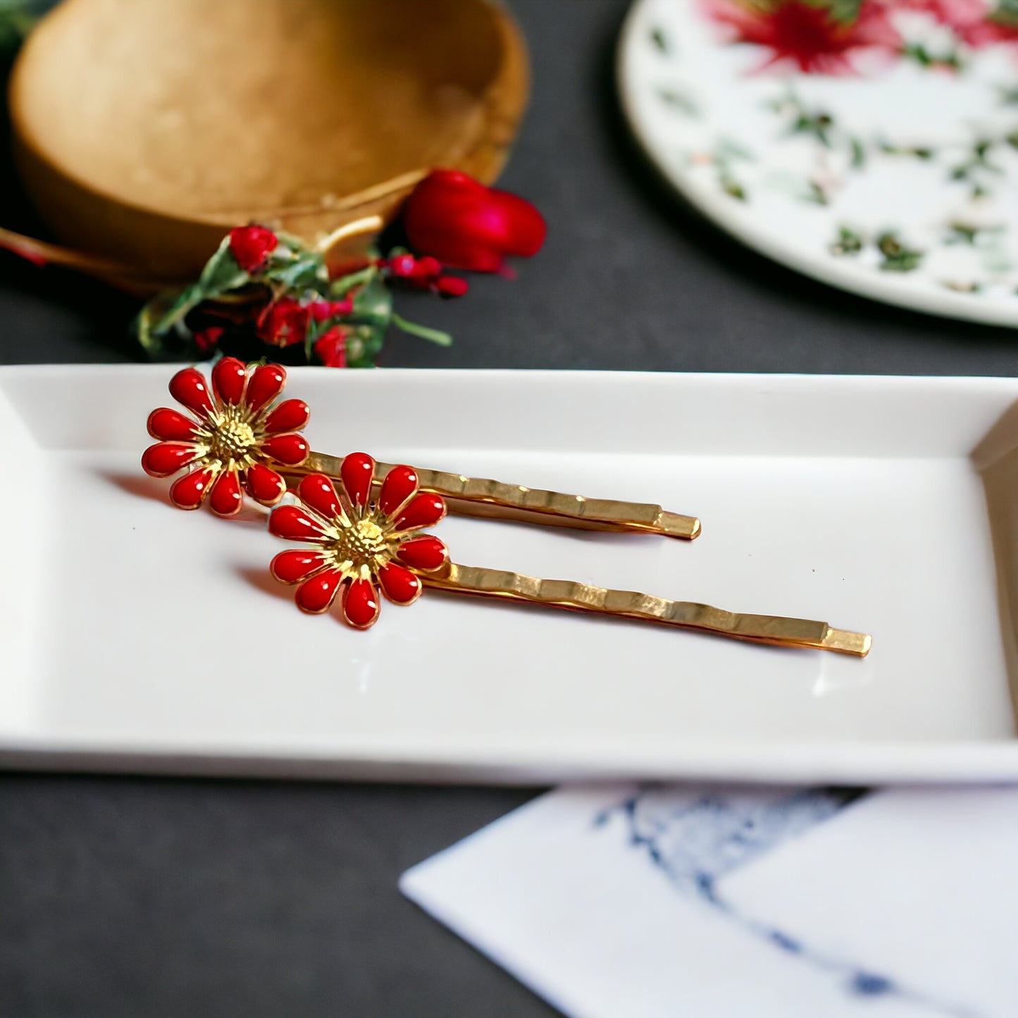 Decorative Red Enamel Wildflower Hair Pins - Delicate Floral Accessories