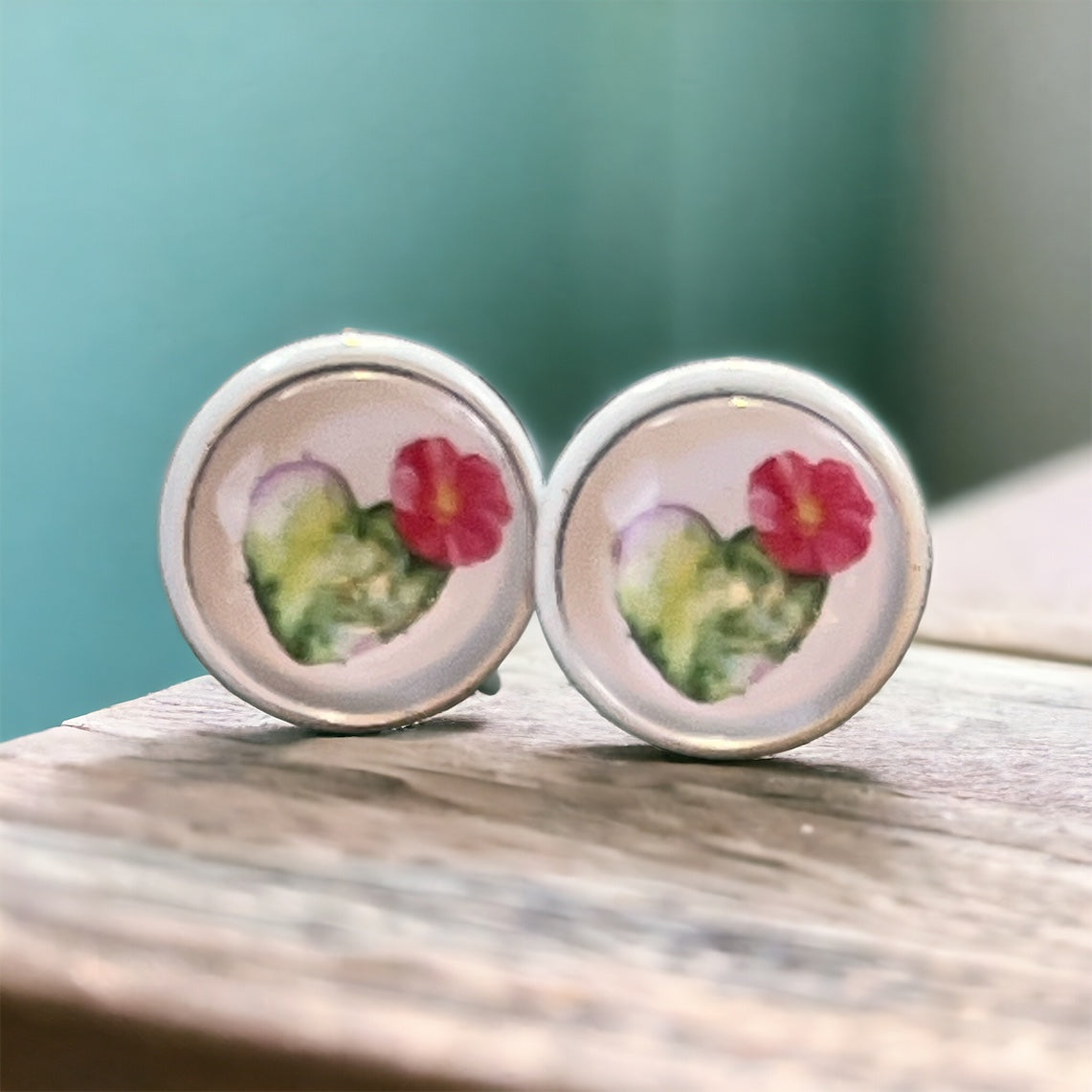 Flowering Cactus Heart Valentine Succulent White Stud Earrings