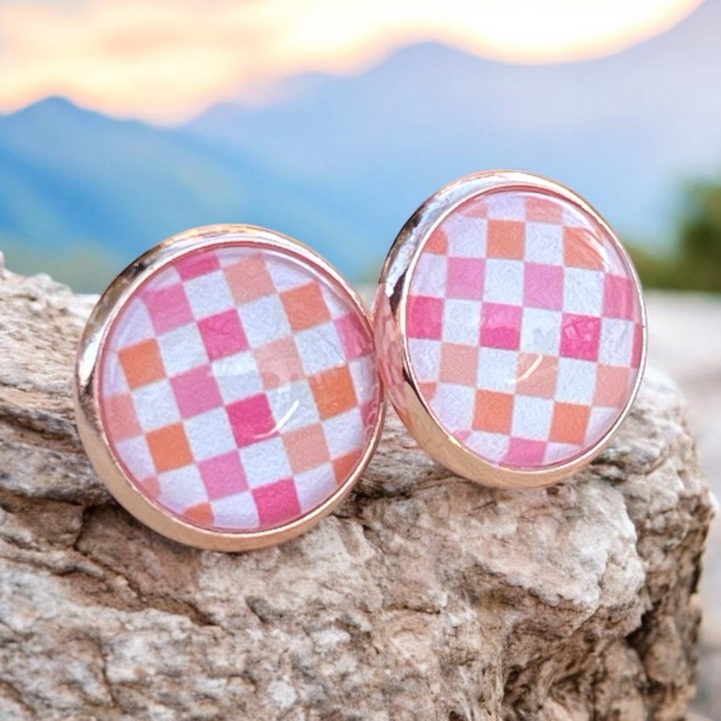 Pink & Orange Gingham Earrings - Rose Gold