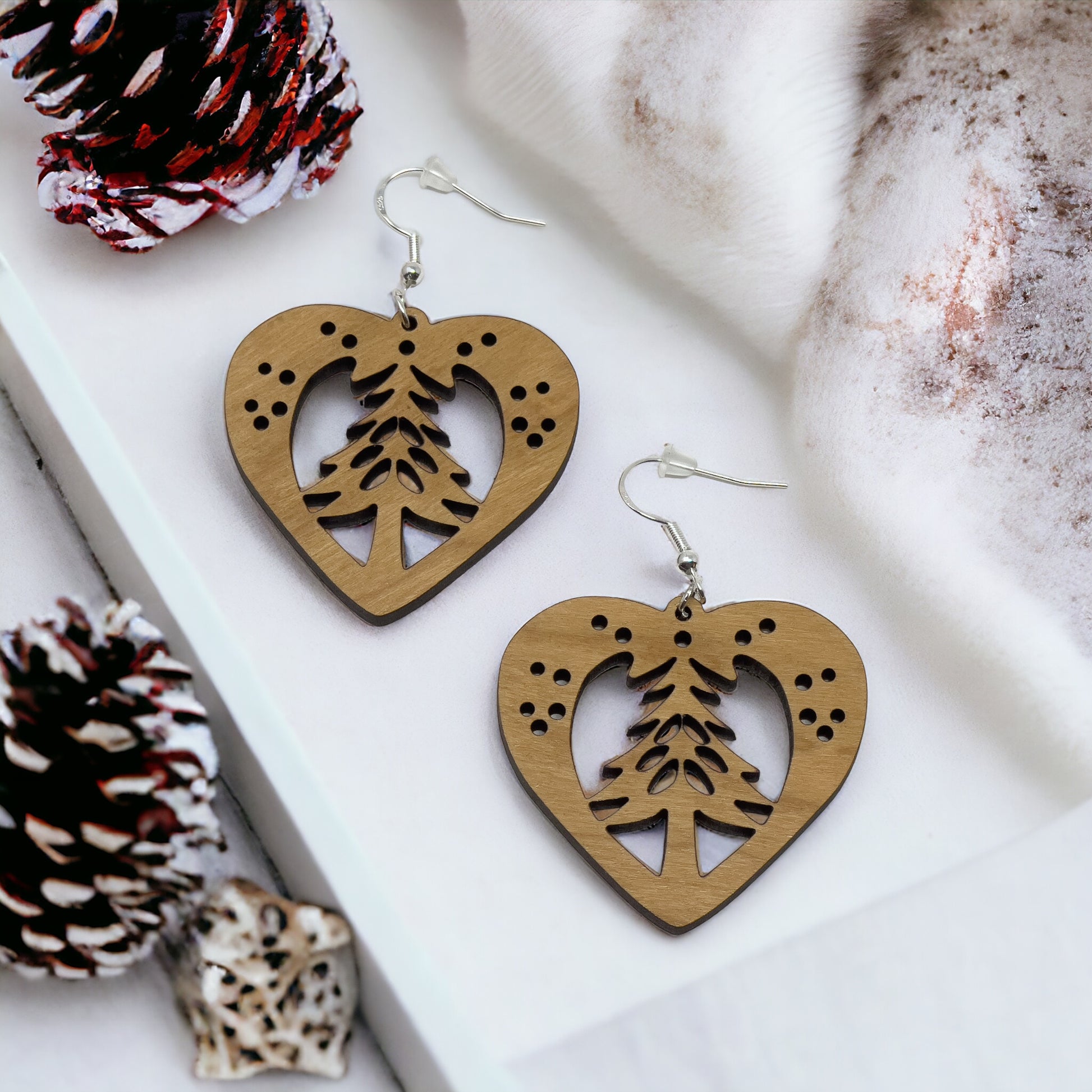 Wooden Heart - Rustic Dangle Earring with Pine Tree Design, Cute Winter Holiday Accessory, Nature-Inspired Jewelry