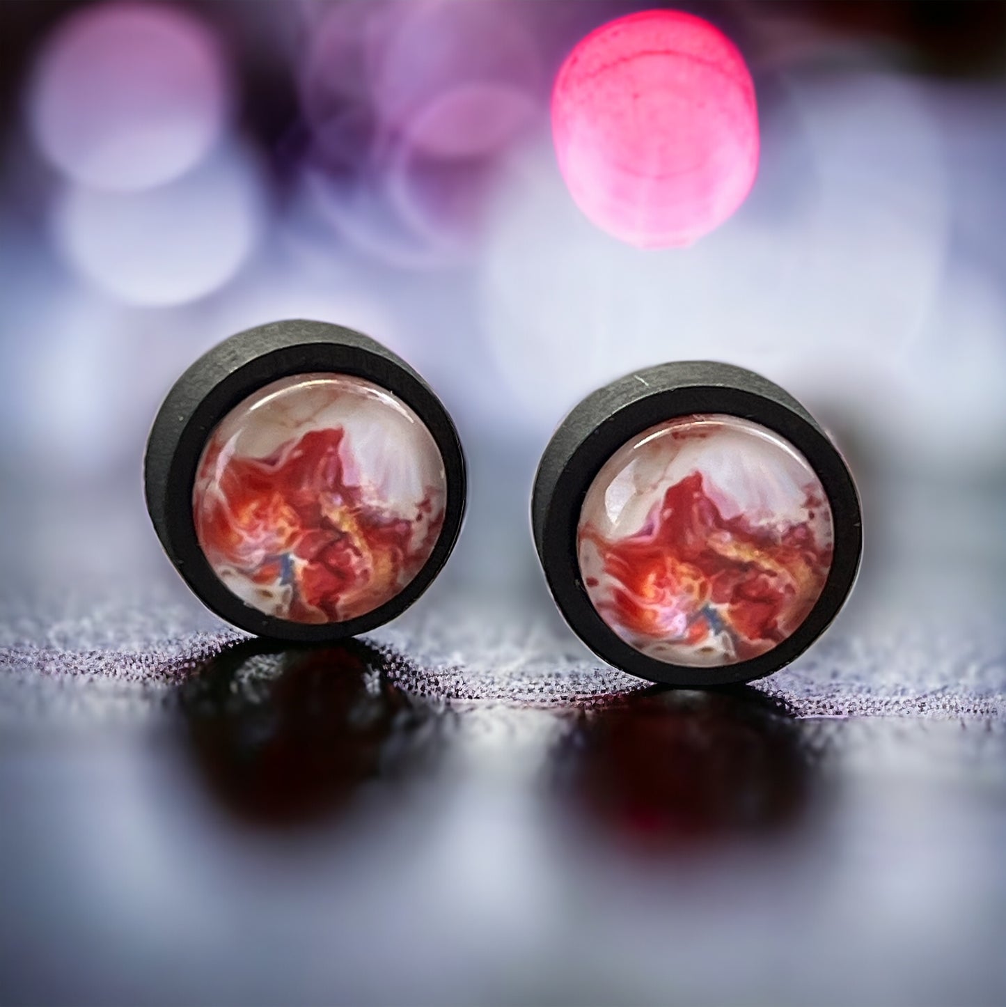 Pink Abstract Watercolor Black Wood Stud Earrings: Unique Artistic Accents for Your Look