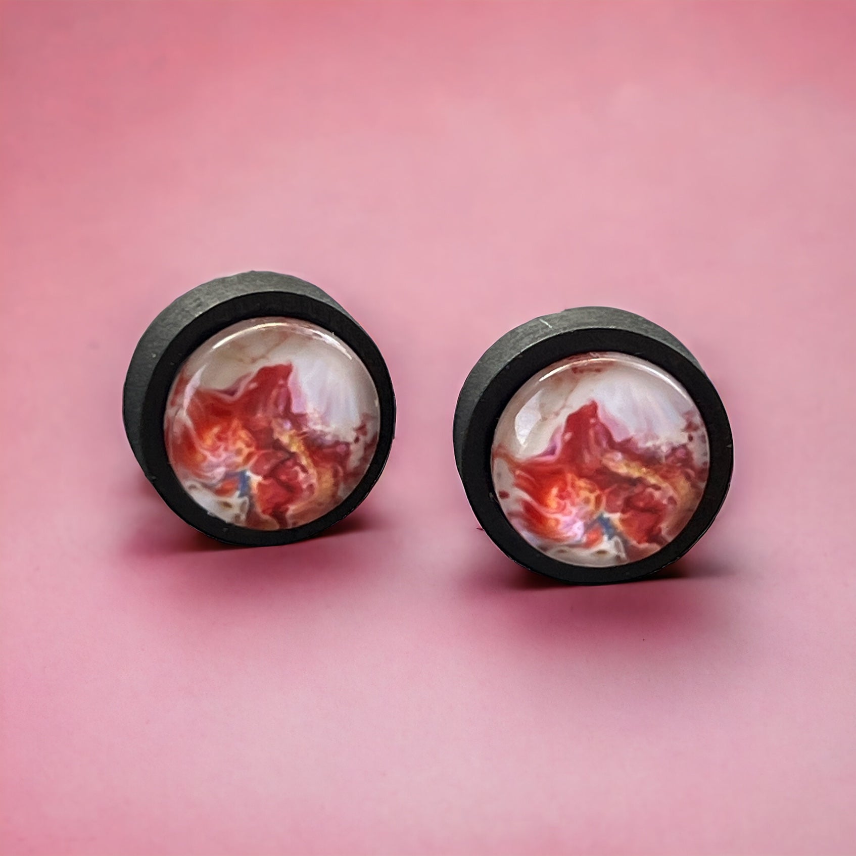 Pink Abstract Watercolor Black Wood Stud Earrings: Unique Artistic Accents for Your Look