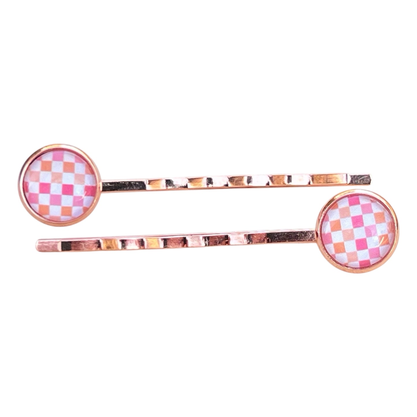 Pink & Orange Gingham Rose Gold Bobby Pins