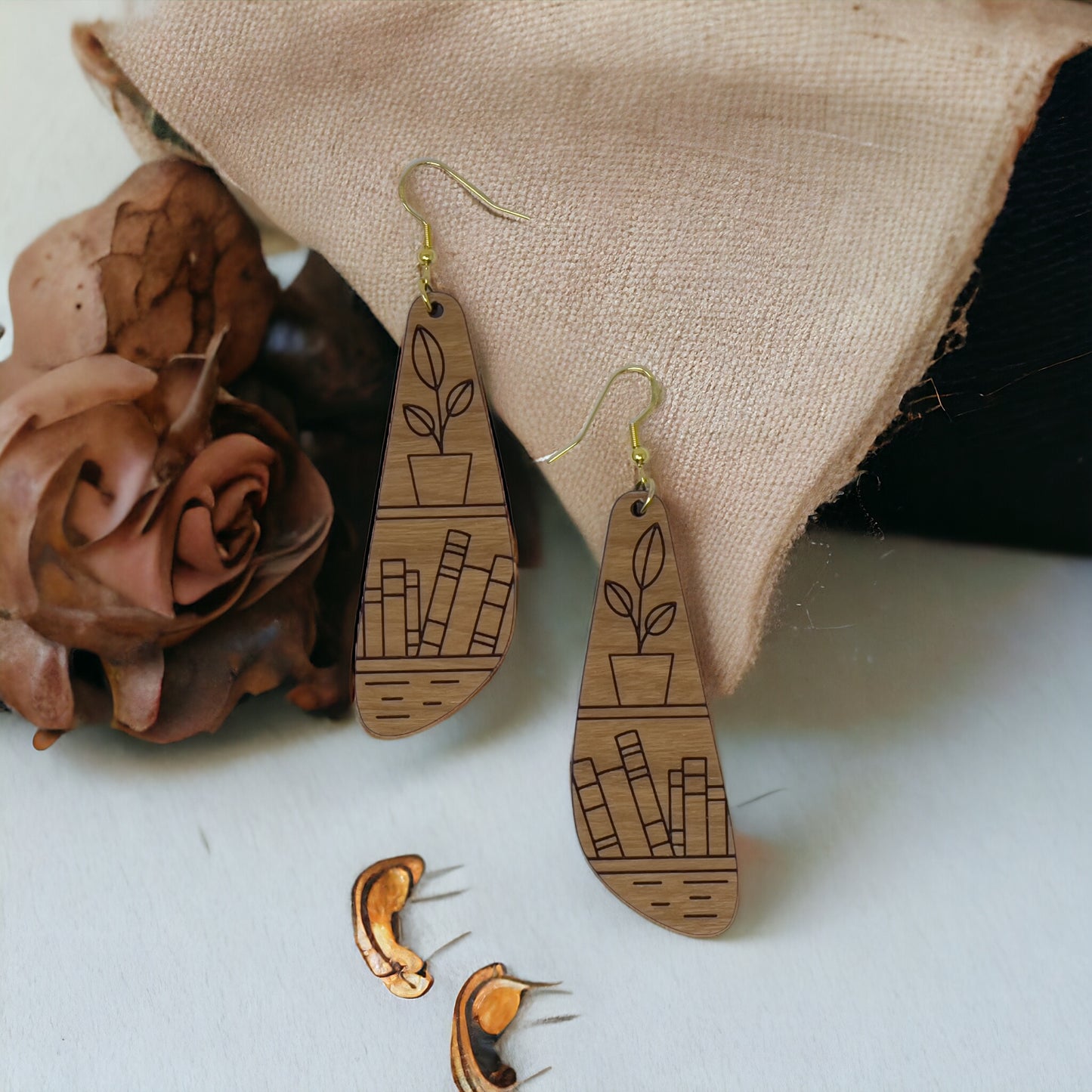 Bookshelf Wood Dangle Earrings - Cute Book Lover Gift | Boho Women's Miniature Bookcase Jewelry