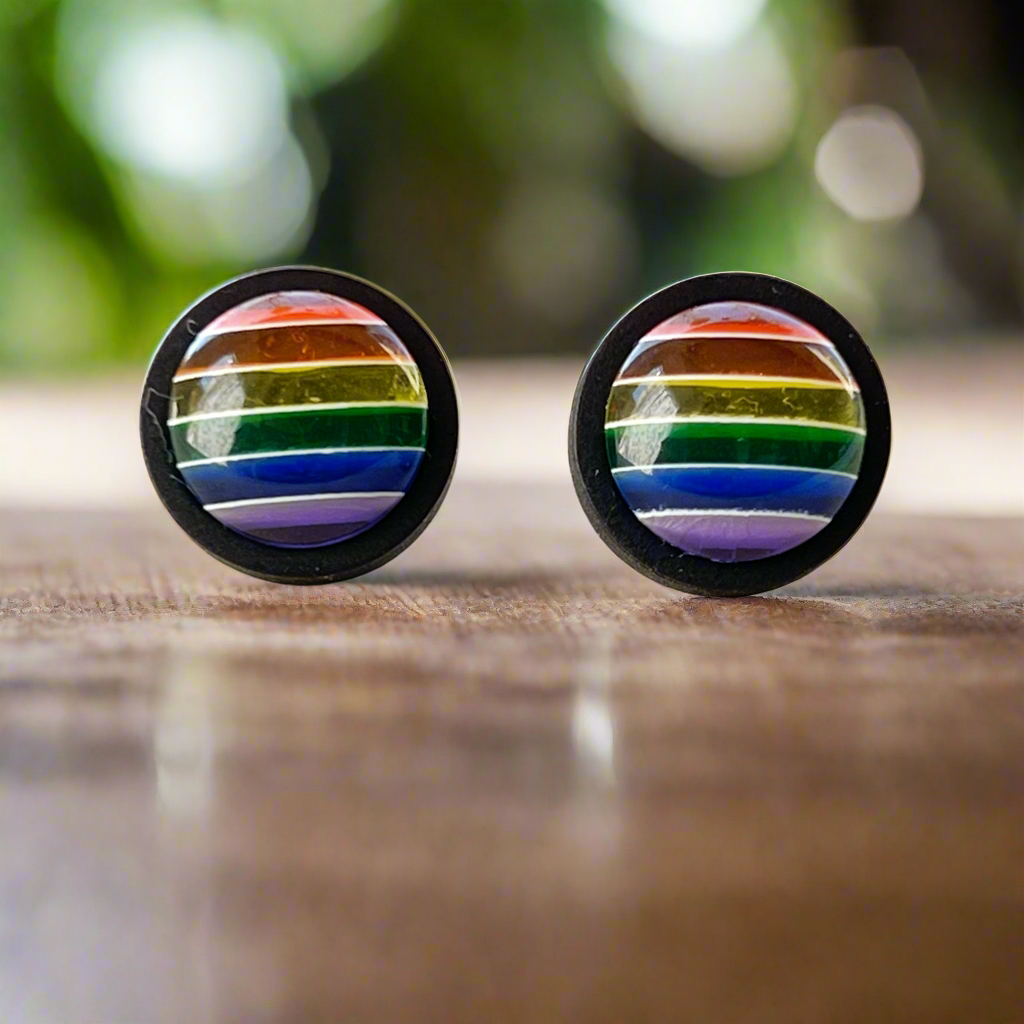 Rainbow Striped Black Wood Stud Earrings - Colorful and Unique Accessories